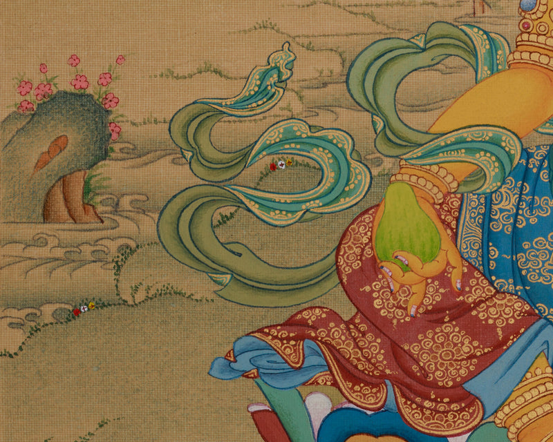 Tibetan Dzambhala with Ratnasambhava Thangka |  Prosperity Artwork