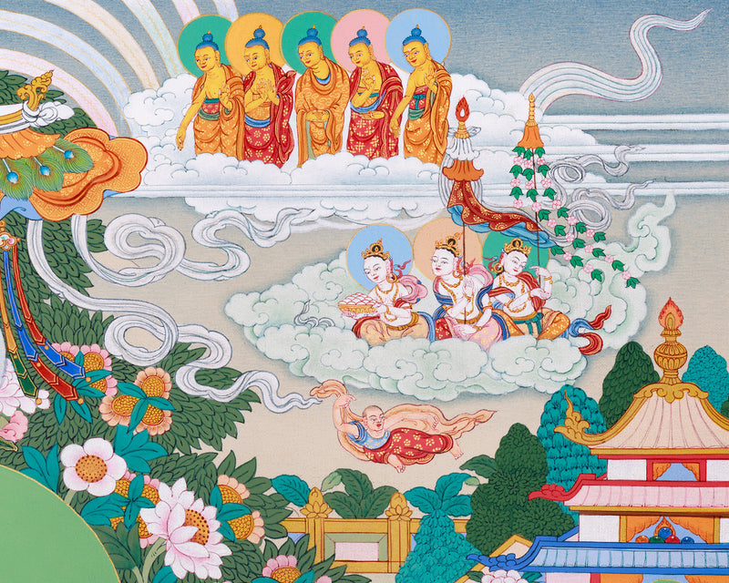 Buddhist Pure Land Thangka | Hand-Painted Amitabha Singham Artwork