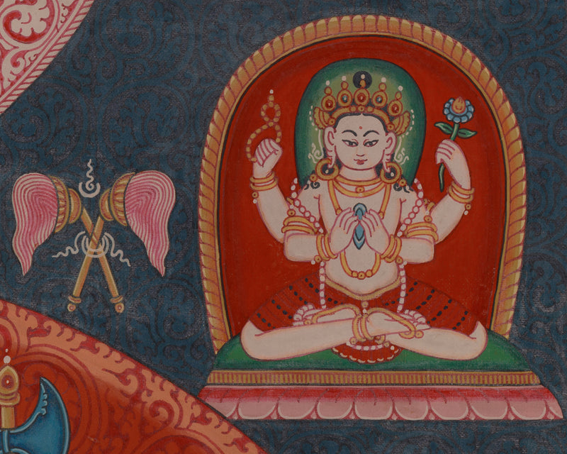 Four Head Ganesha Thangka | Hand-Painted Chaturmukha Ganesha