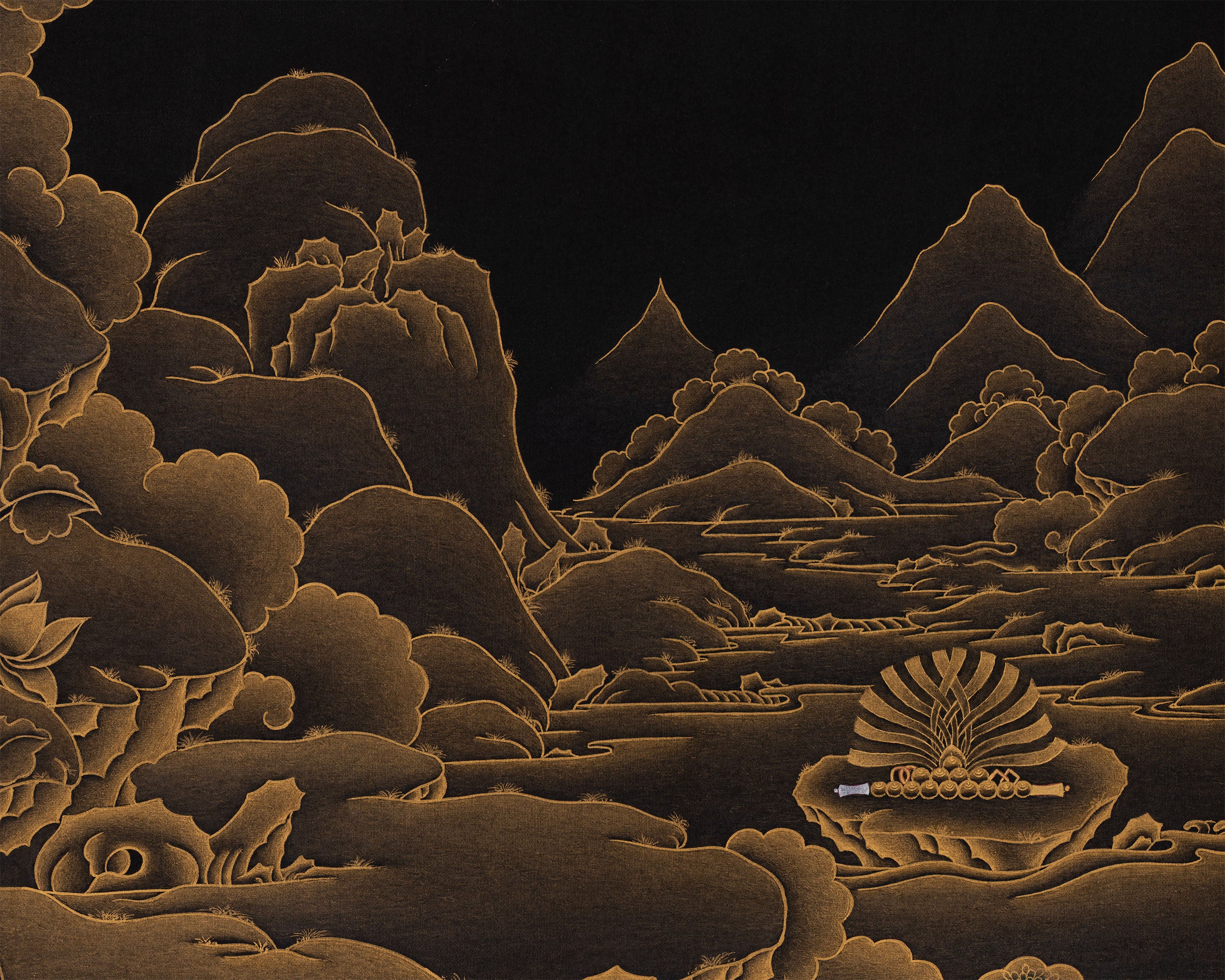 Majestic Two-Armed Chenrezig | 24K Gold Embellished Thangka | Nakthang Style