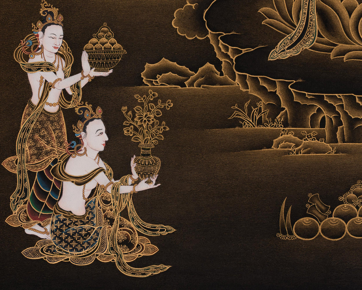 White Tara Gold on Black Thangka | Traditional Nakthang Artwork | Sita Tara