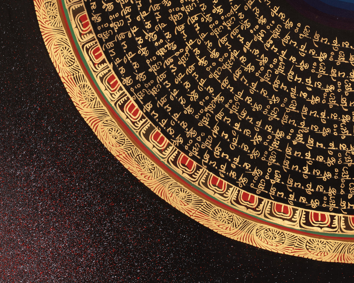 Om Mantra Mandala Thangka | Sacred Tibetan Buddhist Gold-on-Black Painting