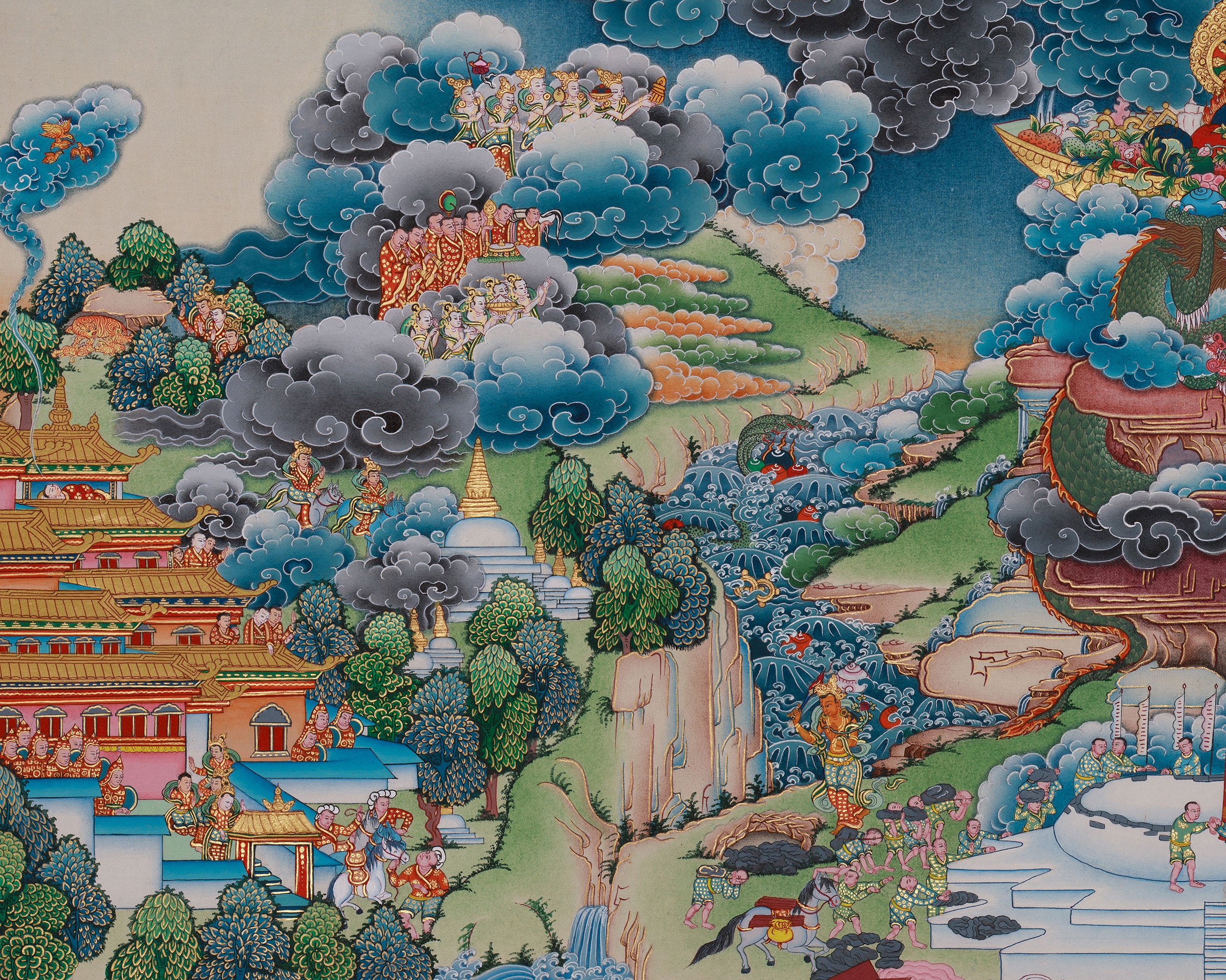 Five Buddha and  Boudha Stupa Thangka, Tibetan Meditation Wall Art