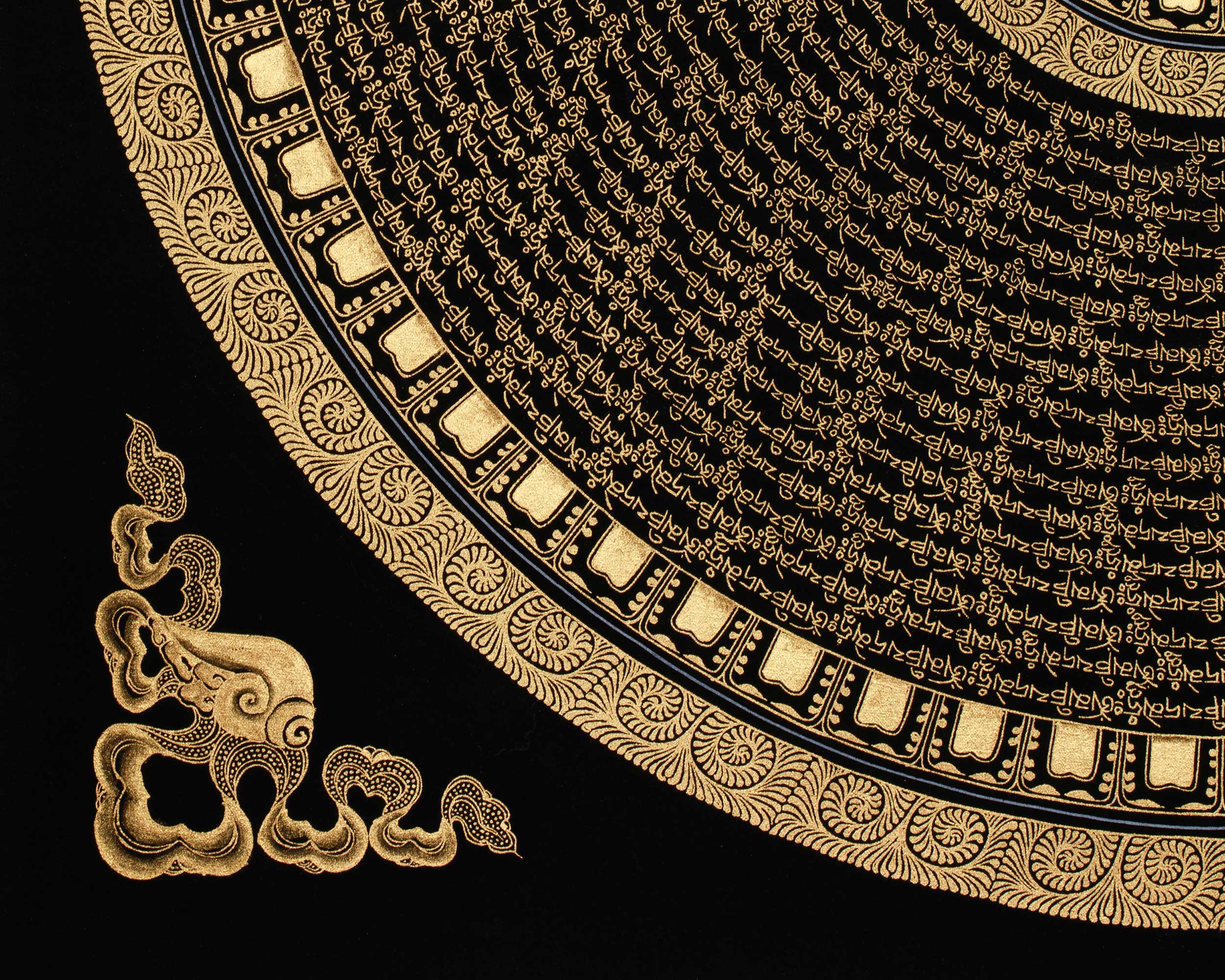 Black and Gold Mantra Mandala | Hand-Painted 24K Gold Tibetan Thangka