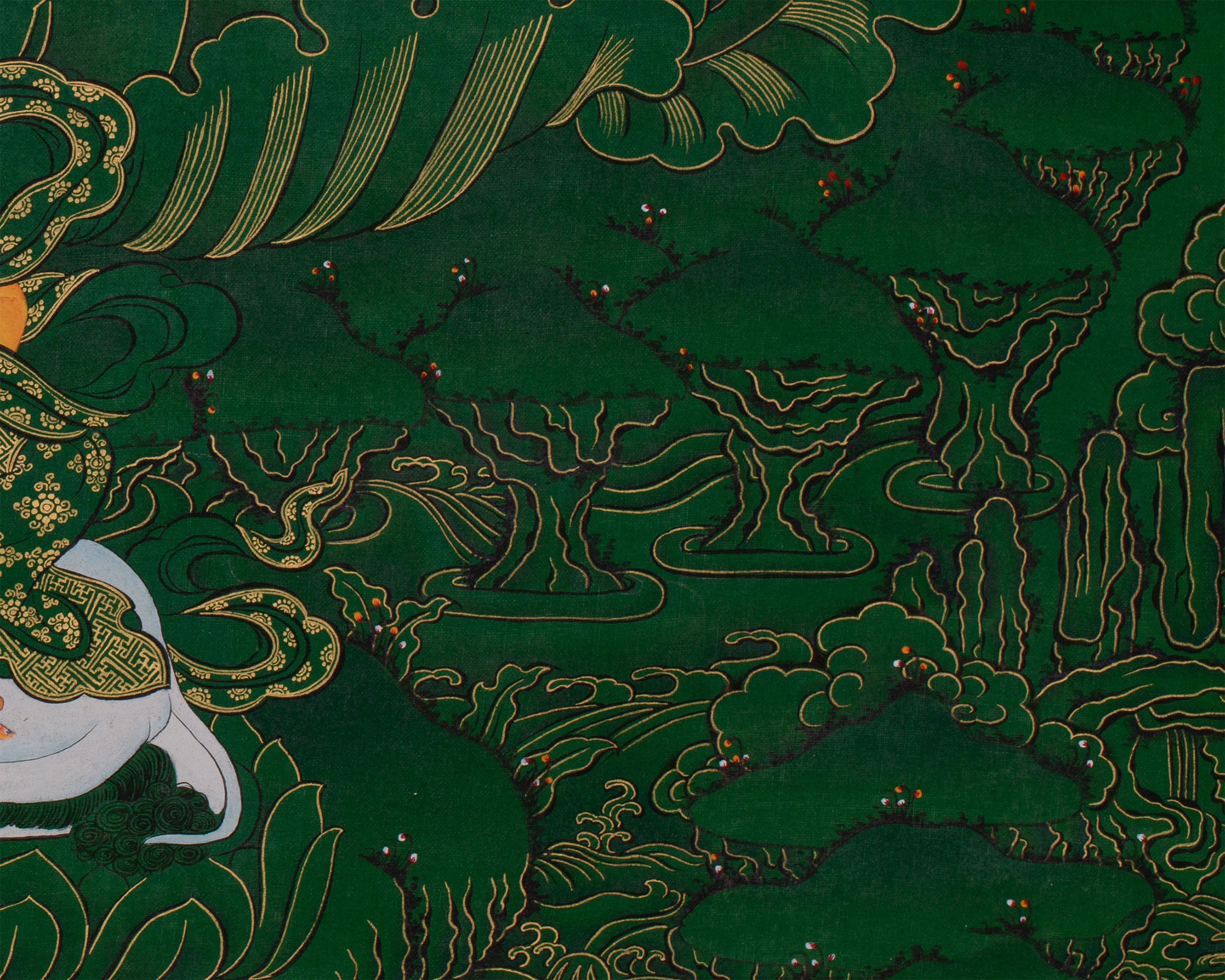 Tibetan Manjushri on Green Canvas | Wisdom Deity with Shakyamuni, Medicine Buddha, and Namtoshe