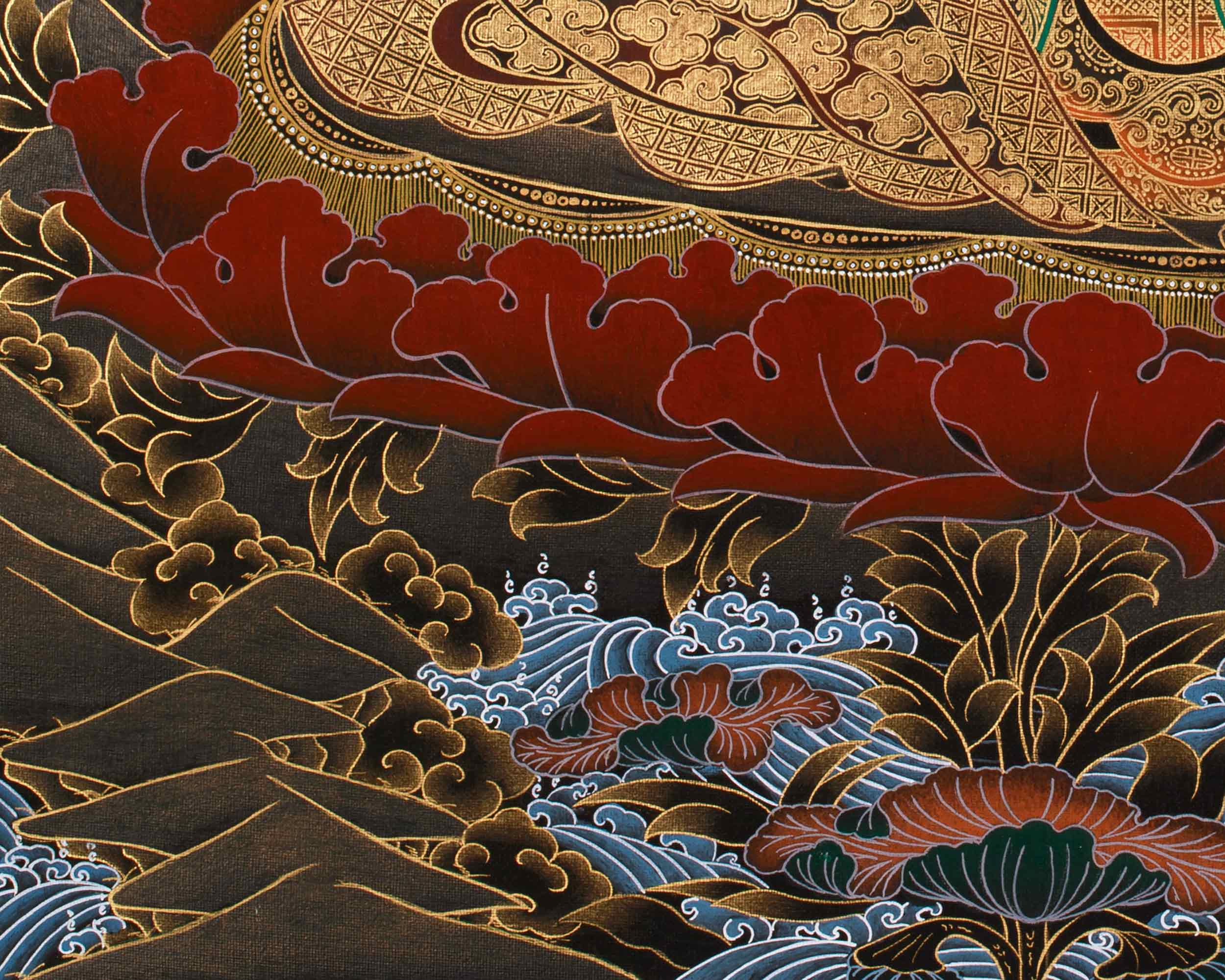 Guru Tsokyé Dorje Thangka | Masterful Gold Detailing on Black Canvas