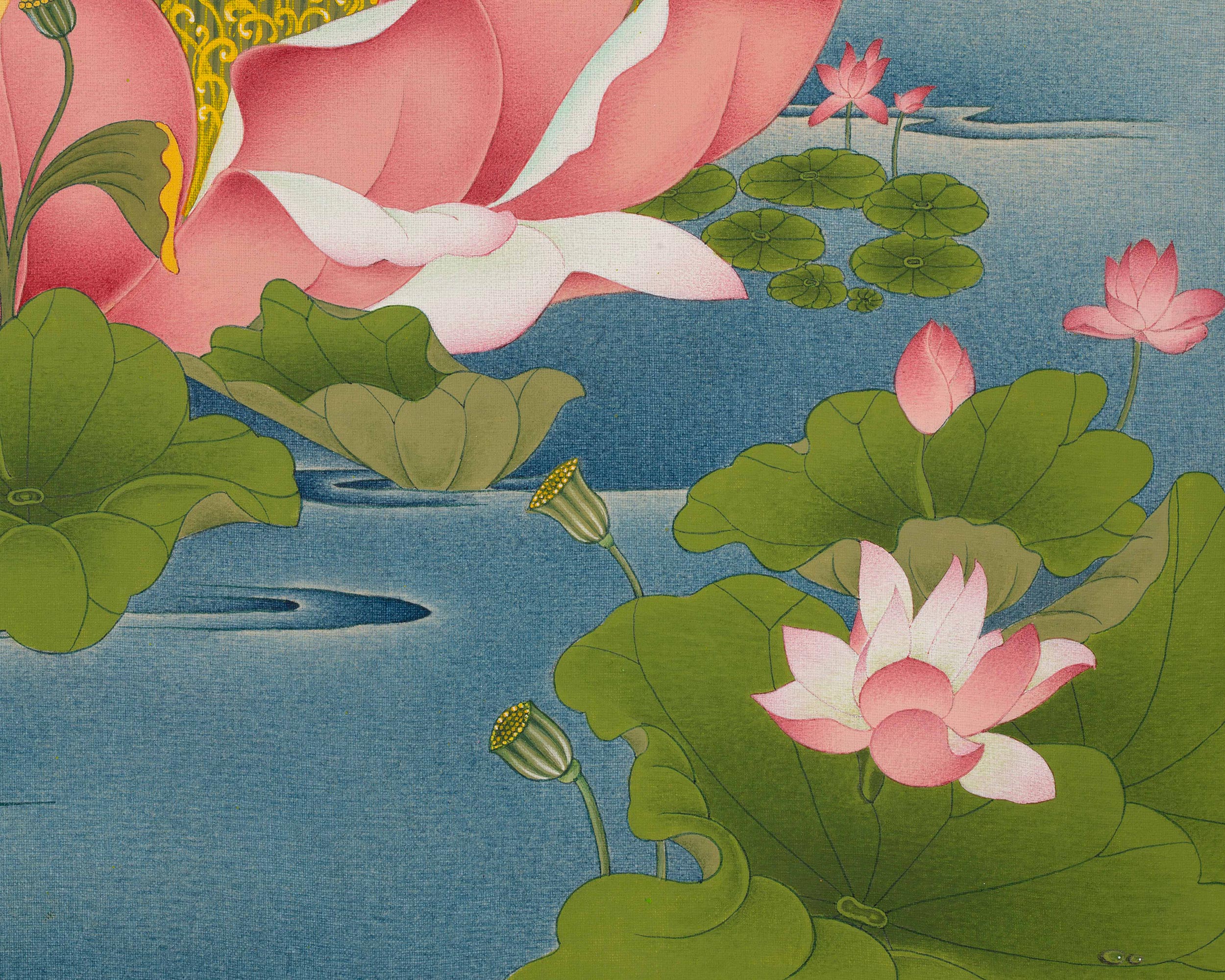 Mother Green Tara, A Thangka Painting in Natural Stone Colors