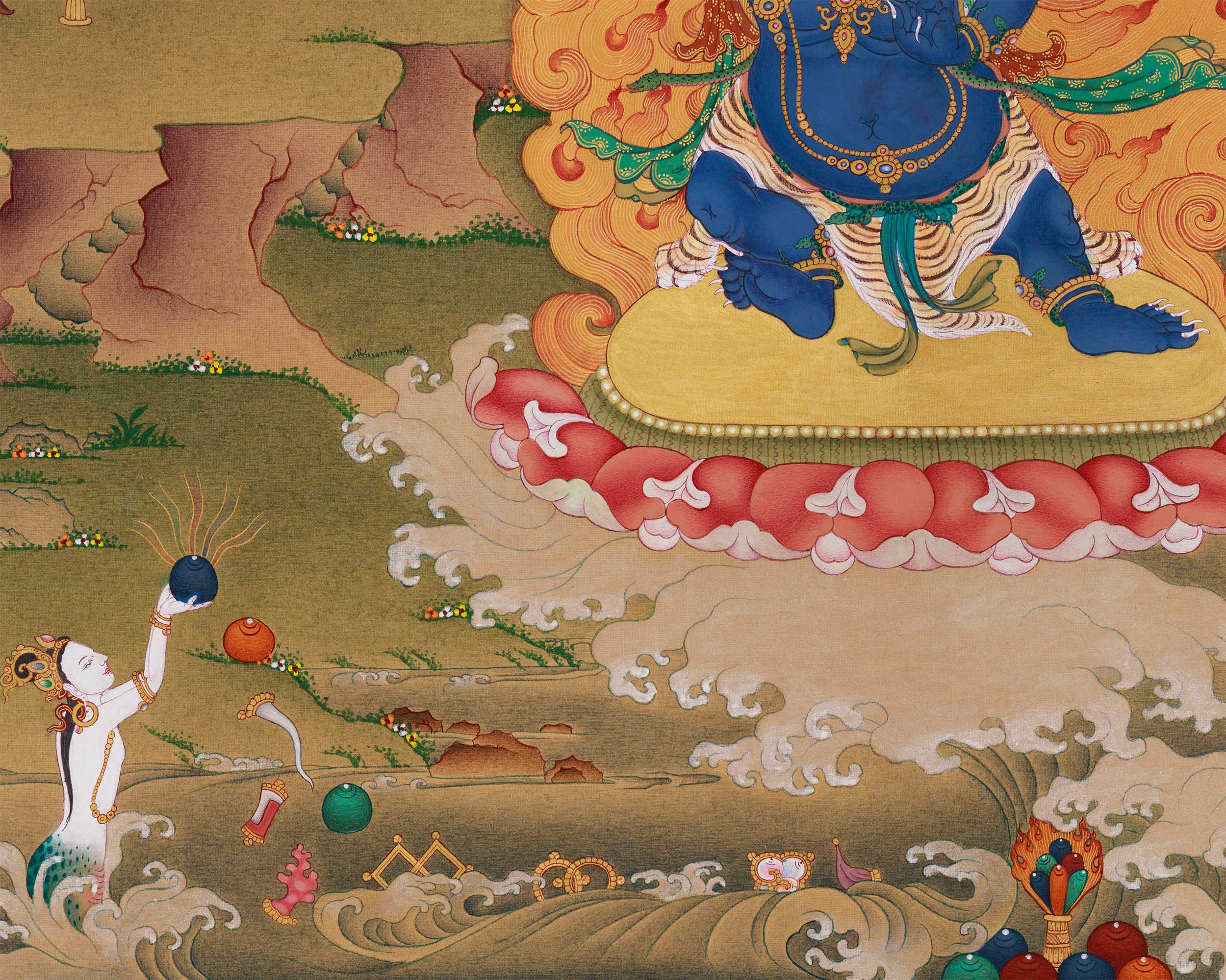 Grand 30x40 Inch Buddhist Thangka of Chenrezig, Manjushri, and Vajrapani | Symbol of Enlightened Trinity