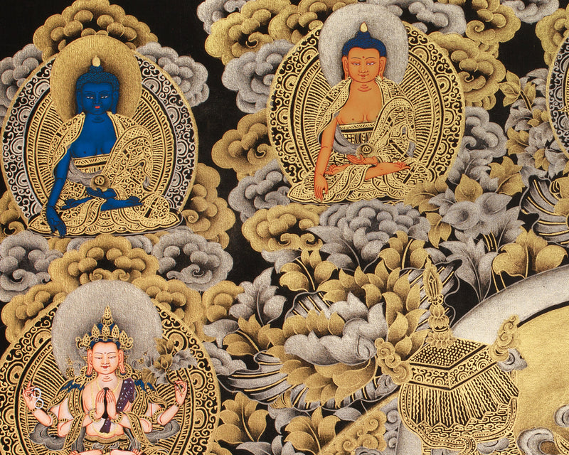 Exquisite Vaishravana, Guardian of the North Thangka | 24K Gold Embellished Art on Black Canvas