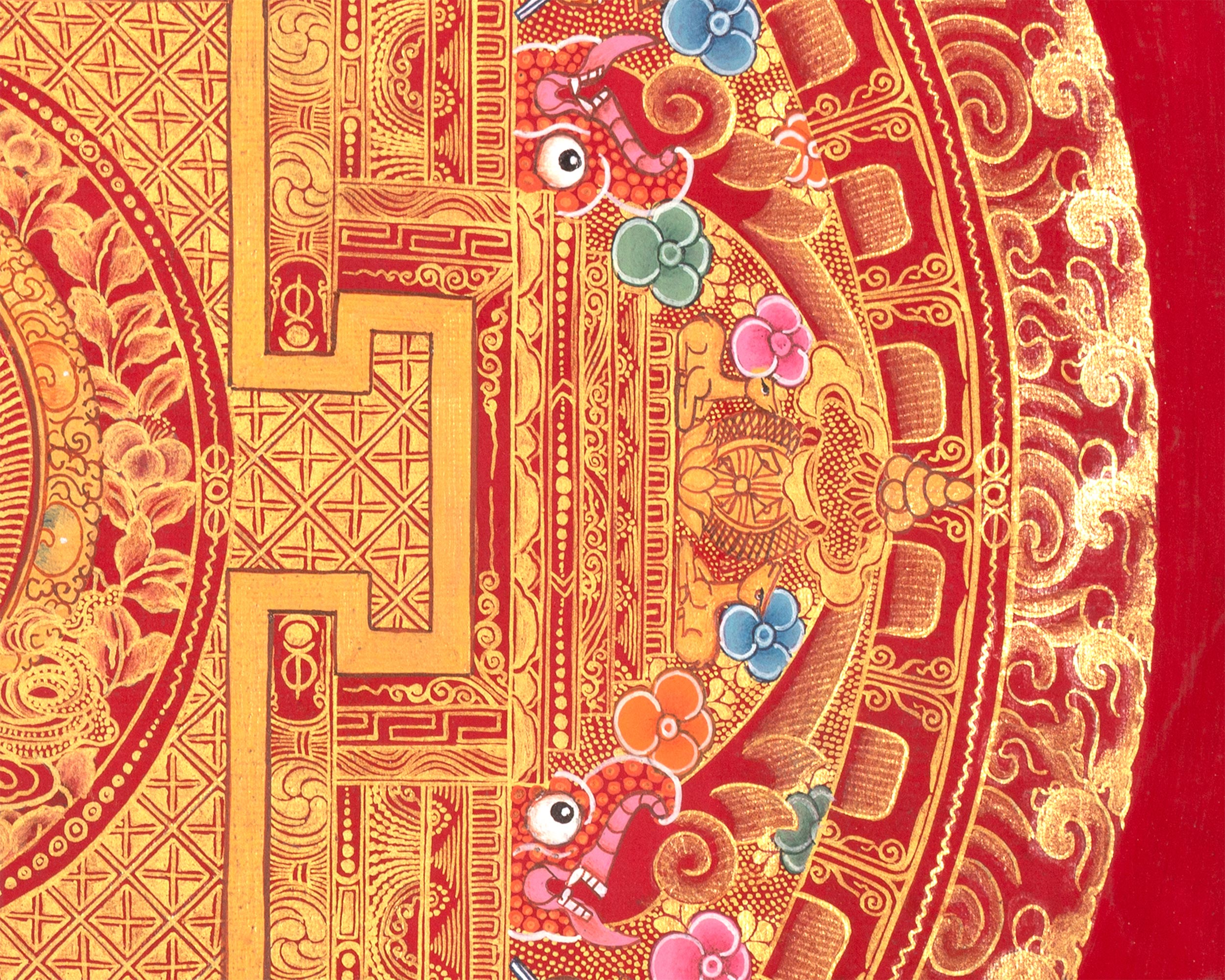 Chenresig Mandala | Buddha of Compassion | Red and Gold Thangka