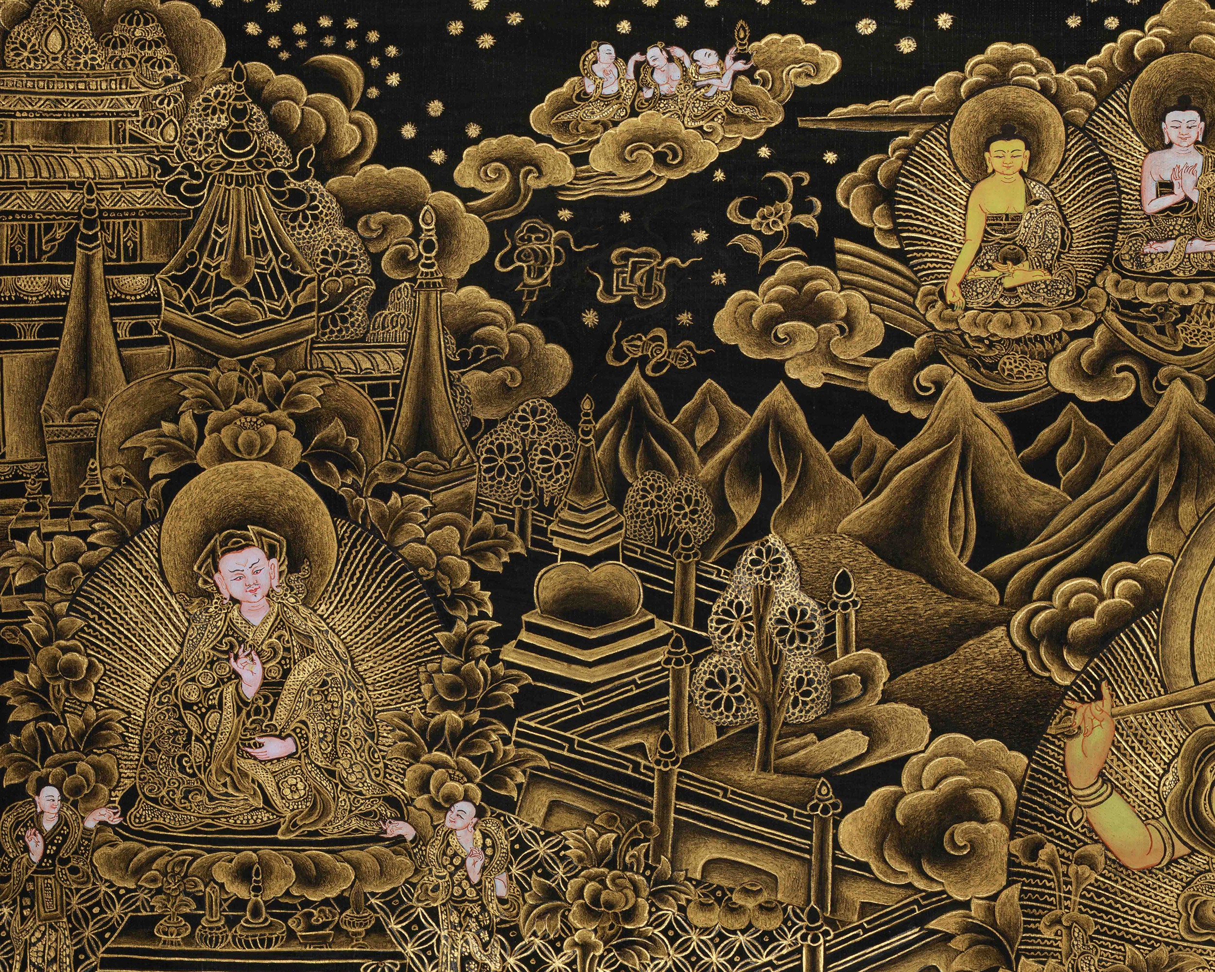 Golden-Hued Vajrayana Buddhist Manjushri Print | Wisdom Deity Wall Art for Altar