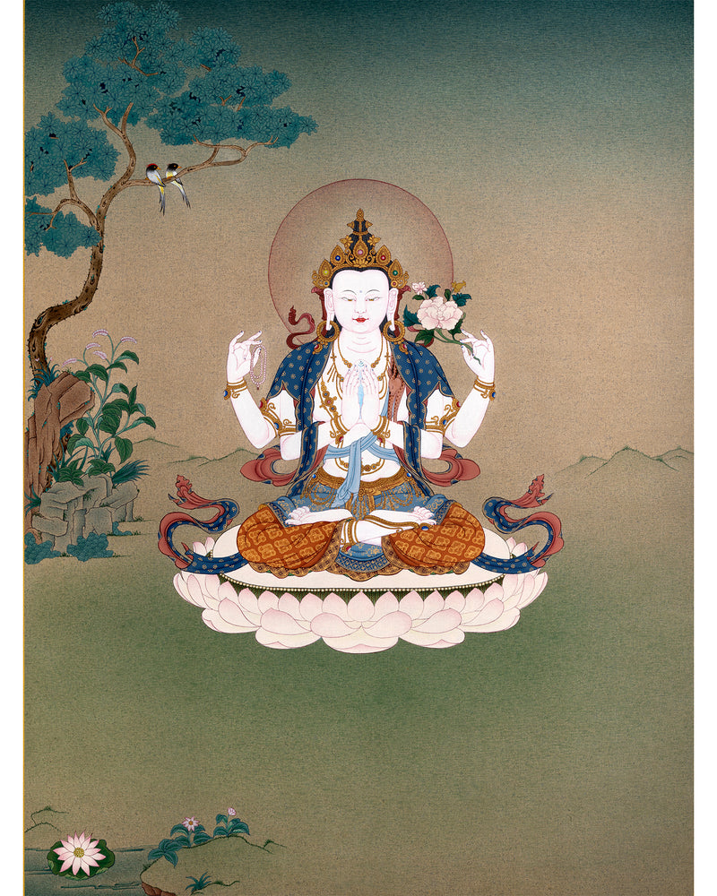 Avalokiteshvara, Chenrezig Thangka Painting, Traditional Karma Gadri Thangka
