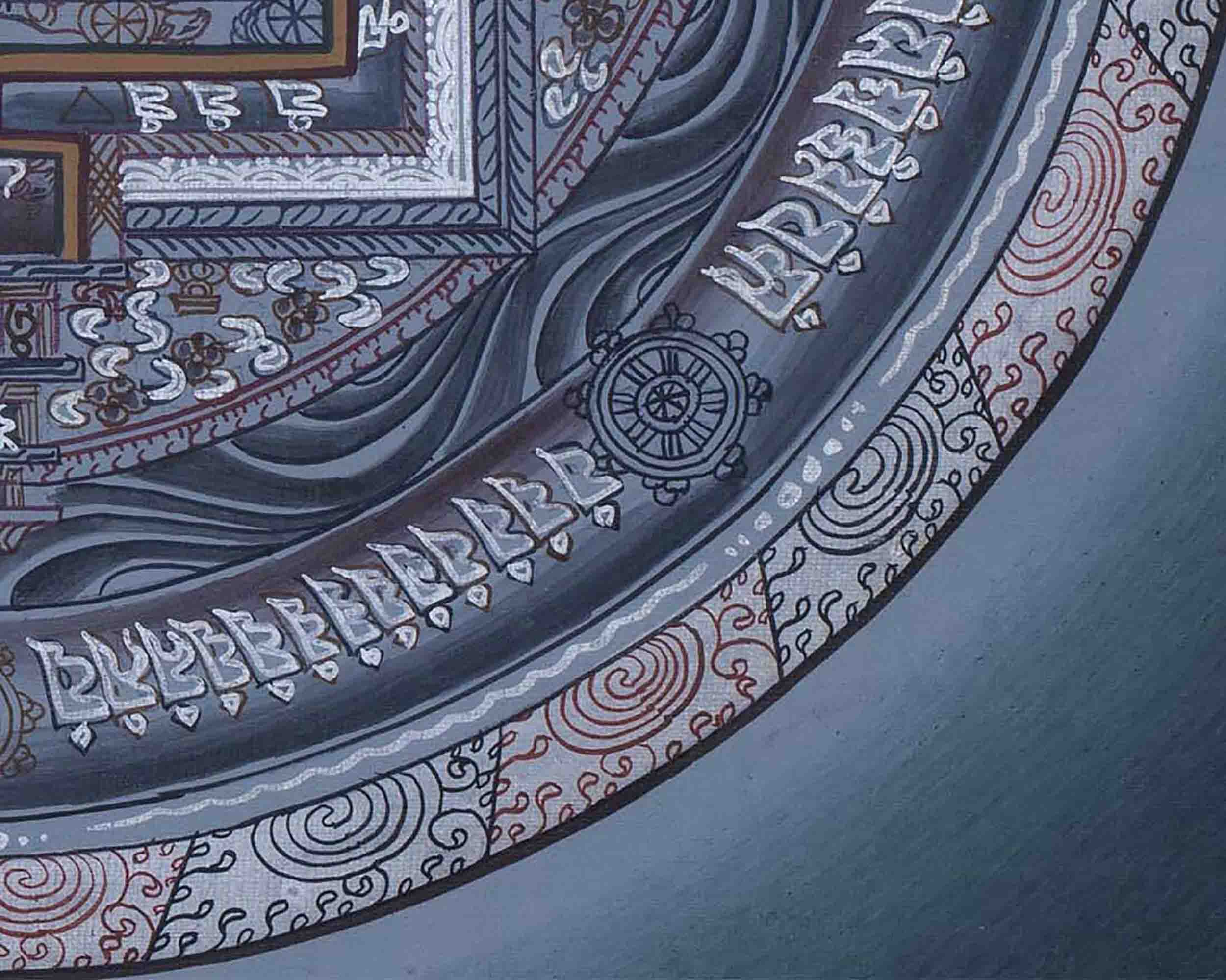 Grey Colored Kalachakra Mandala Thangka With Silver