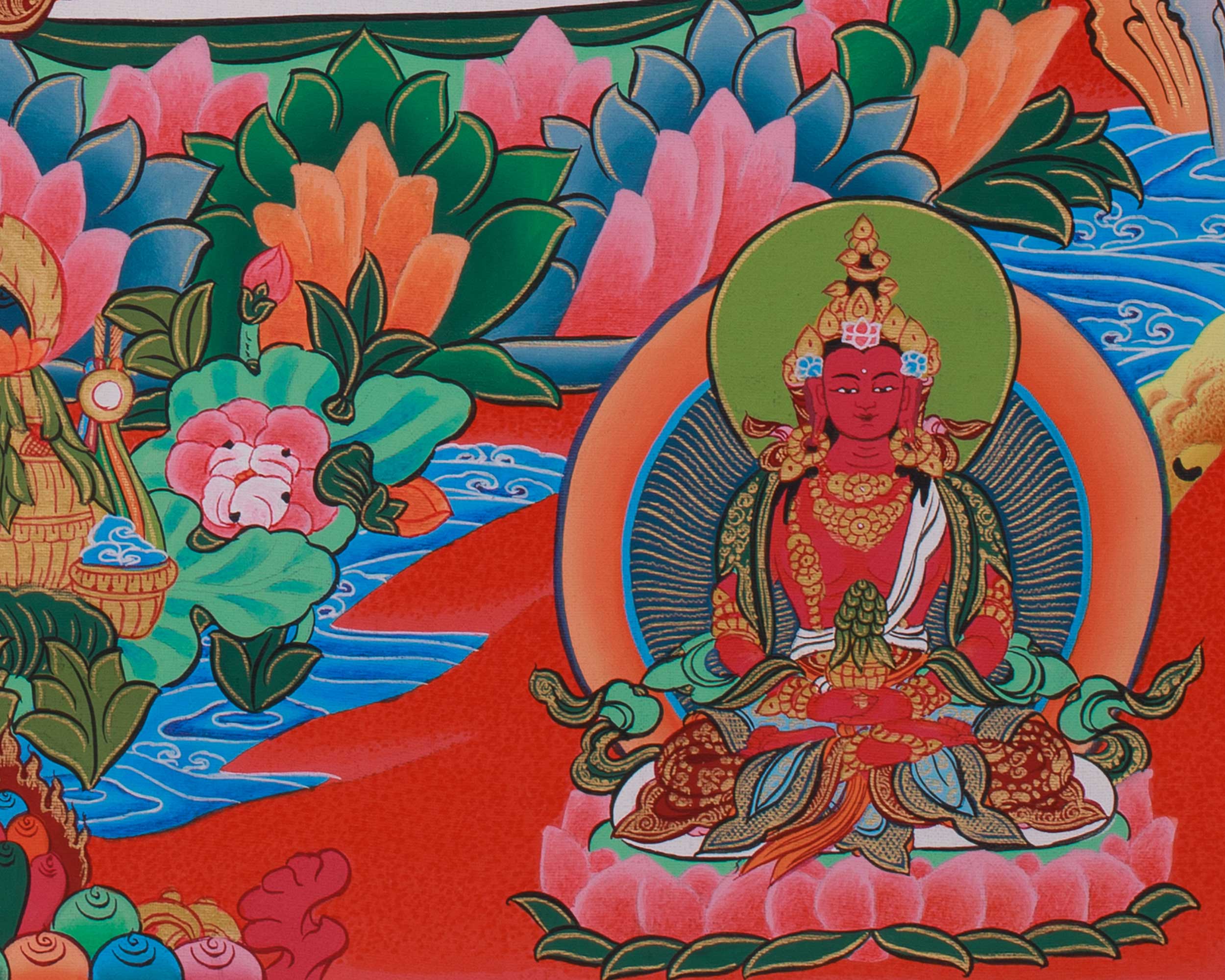 Namgyalma with Five Dhyani Buddhas White Tara and Amitayus | A Sacred Thangka of Longevity and Purification