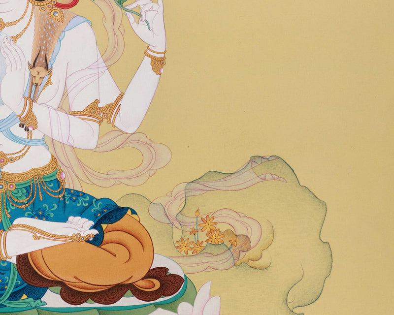 Four-Armed Chenresig Thangka | Bodhisattva Of Compassion | Religious Enlightenment Art