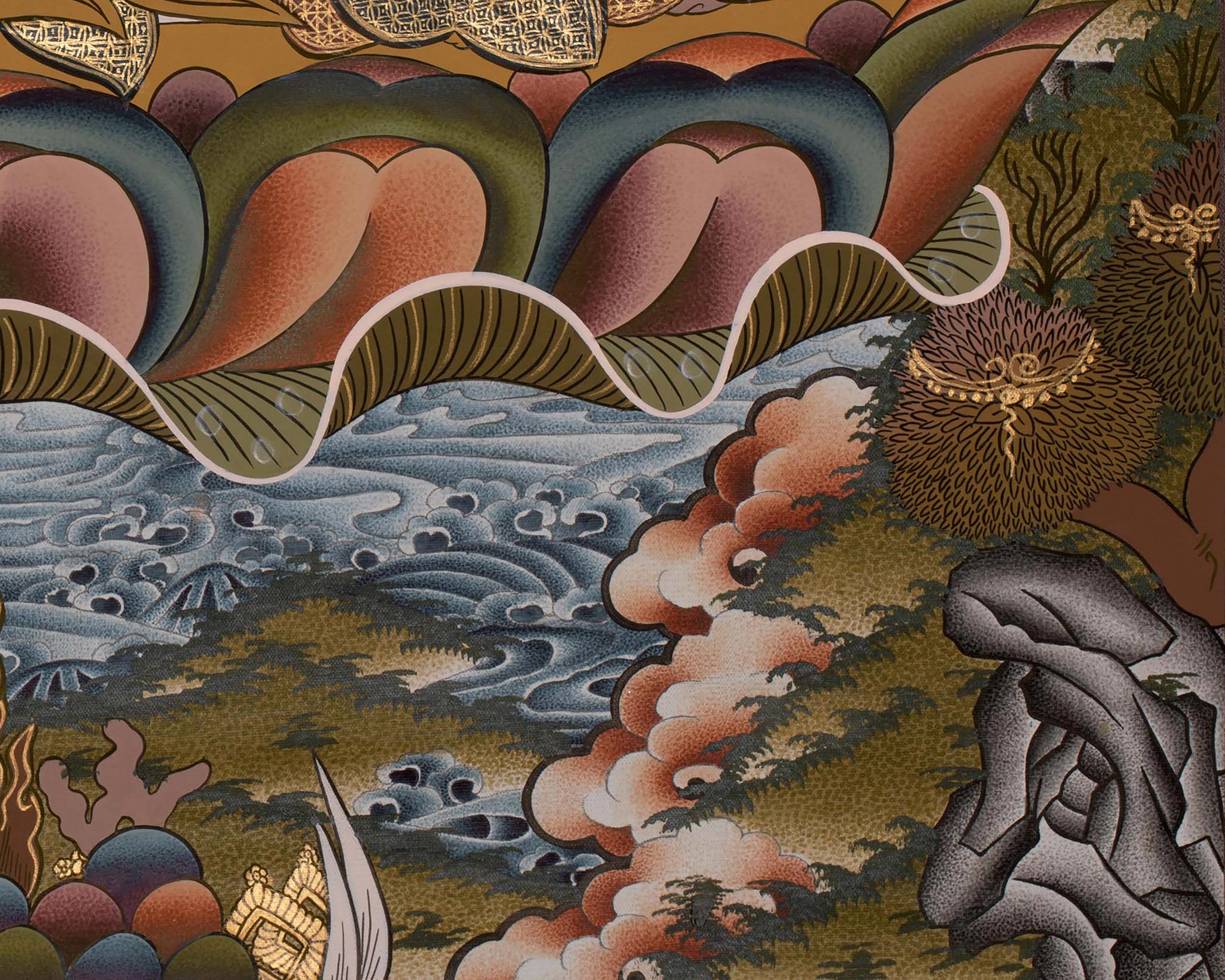 Four Armed Chenrezig Thanka | Hand-Painted Tibetan Bodhisattva Painting