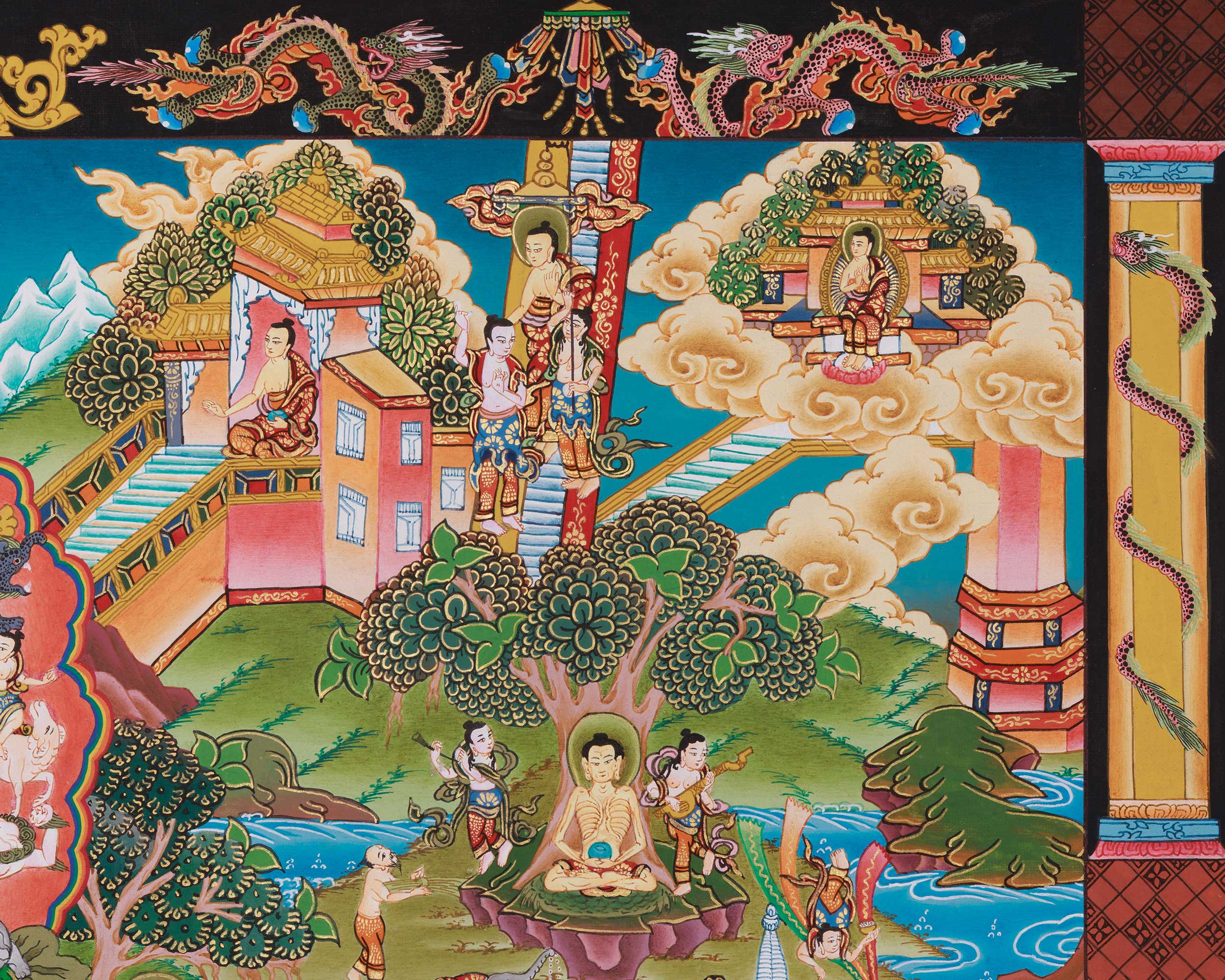 Horizontal Buddha Life Story Thangka | A Sacred Thangka of Awakening