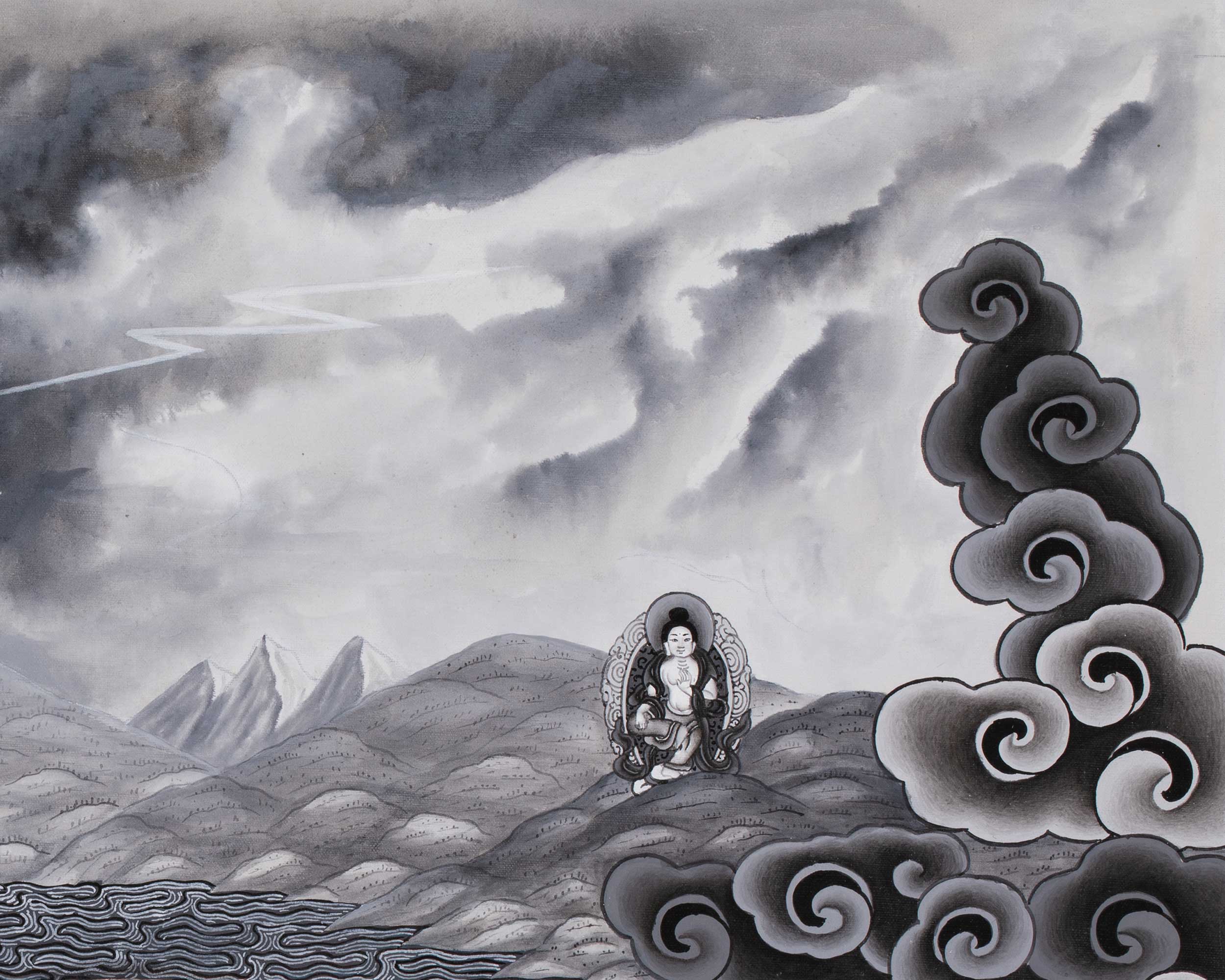 Boddhisattva Manjushree Thangka Creating Kathmandu Valley With The Self Born Light Swayambhu | Newari Style Black And White Wall Deco Art