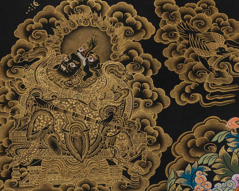 A Rare Collectable Artwork of Medicine Buddha | Four Heavenly Kings | 24K Gold Embellishments on Black Canvas