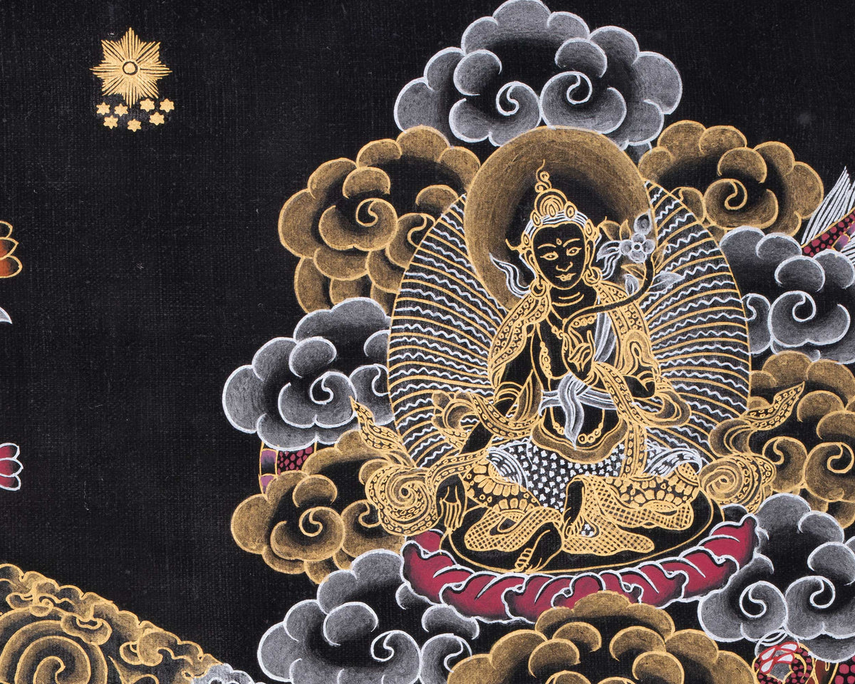 Original Hand Painted Black And Gold Style Chengrezig Mandala Thangka | Tibetan Buddhist Meditation And Yoga Art |