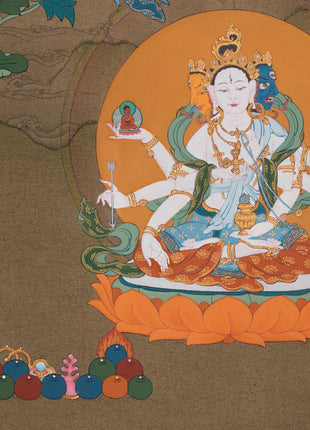 Sacred Three Long Life Deities Thangka | White Tara, Amitayus Buddha and Namgyalma