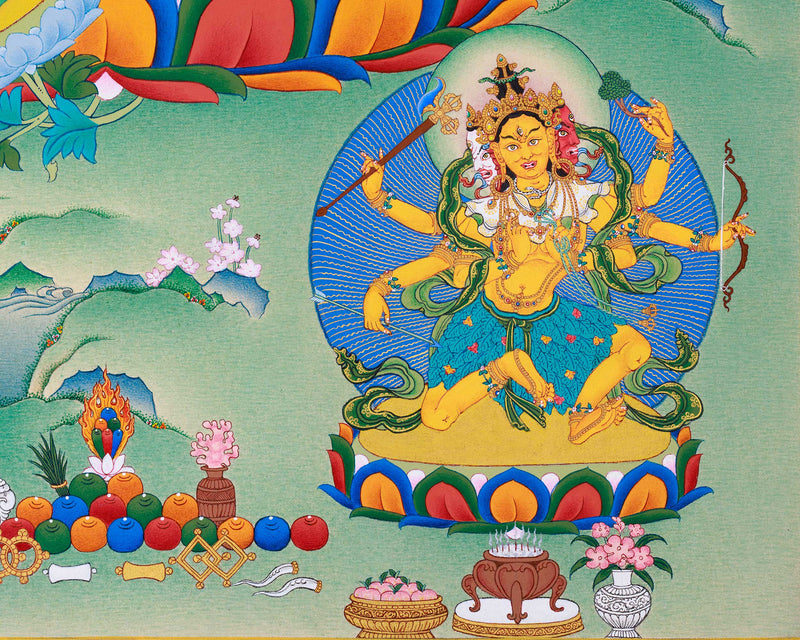 Radiant Green Tara Thangka Print, with Ushnisha (Namgyalma) and Pannasavari