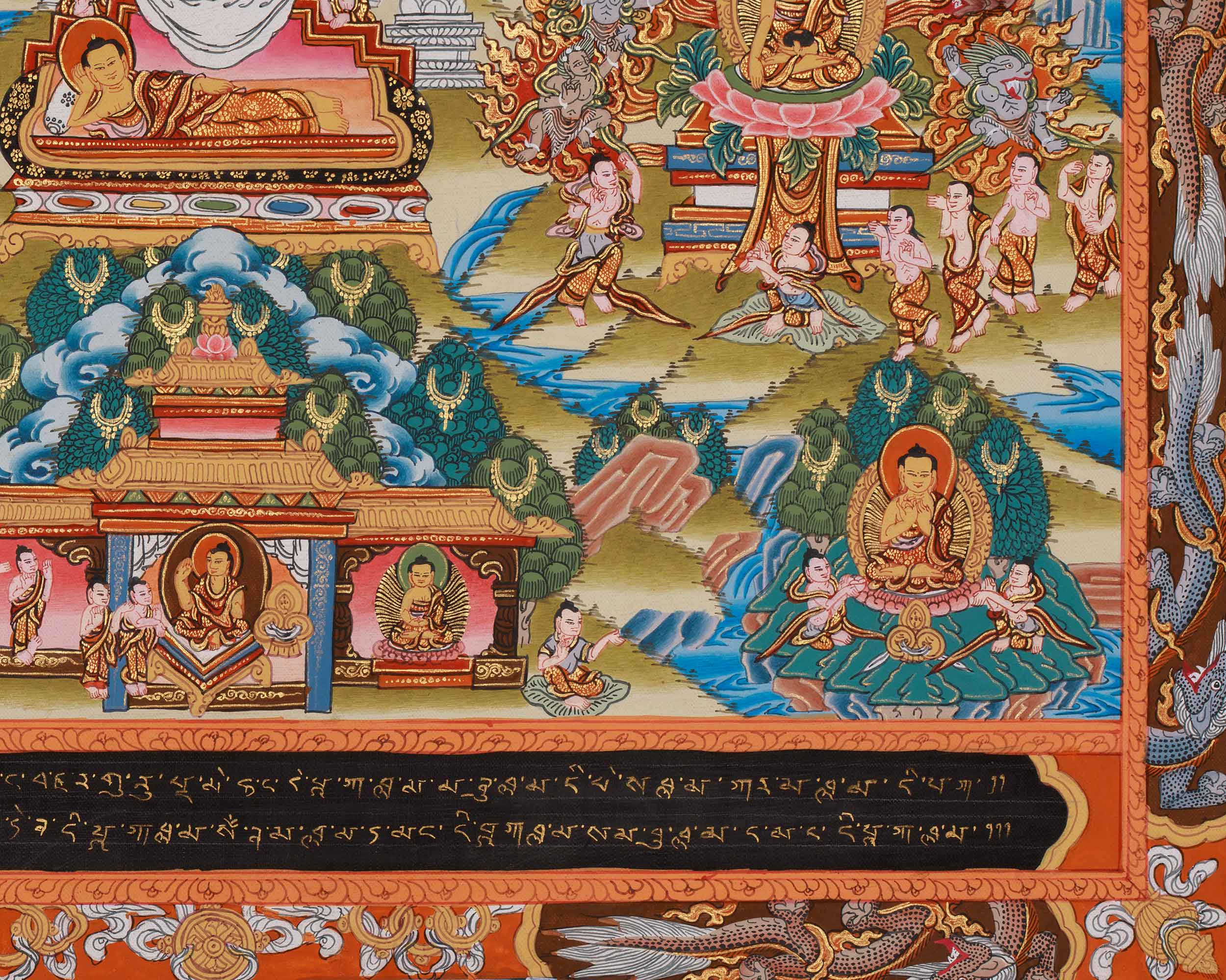 22 Inch Life Story of Buddha Thangka | Shakyamuni’s Enlightenment & Teachings