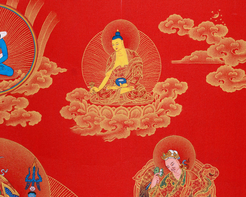 Guru Sangye Thangka | Eight Manifestations of Padmasambhava | Red & Gold Artwork