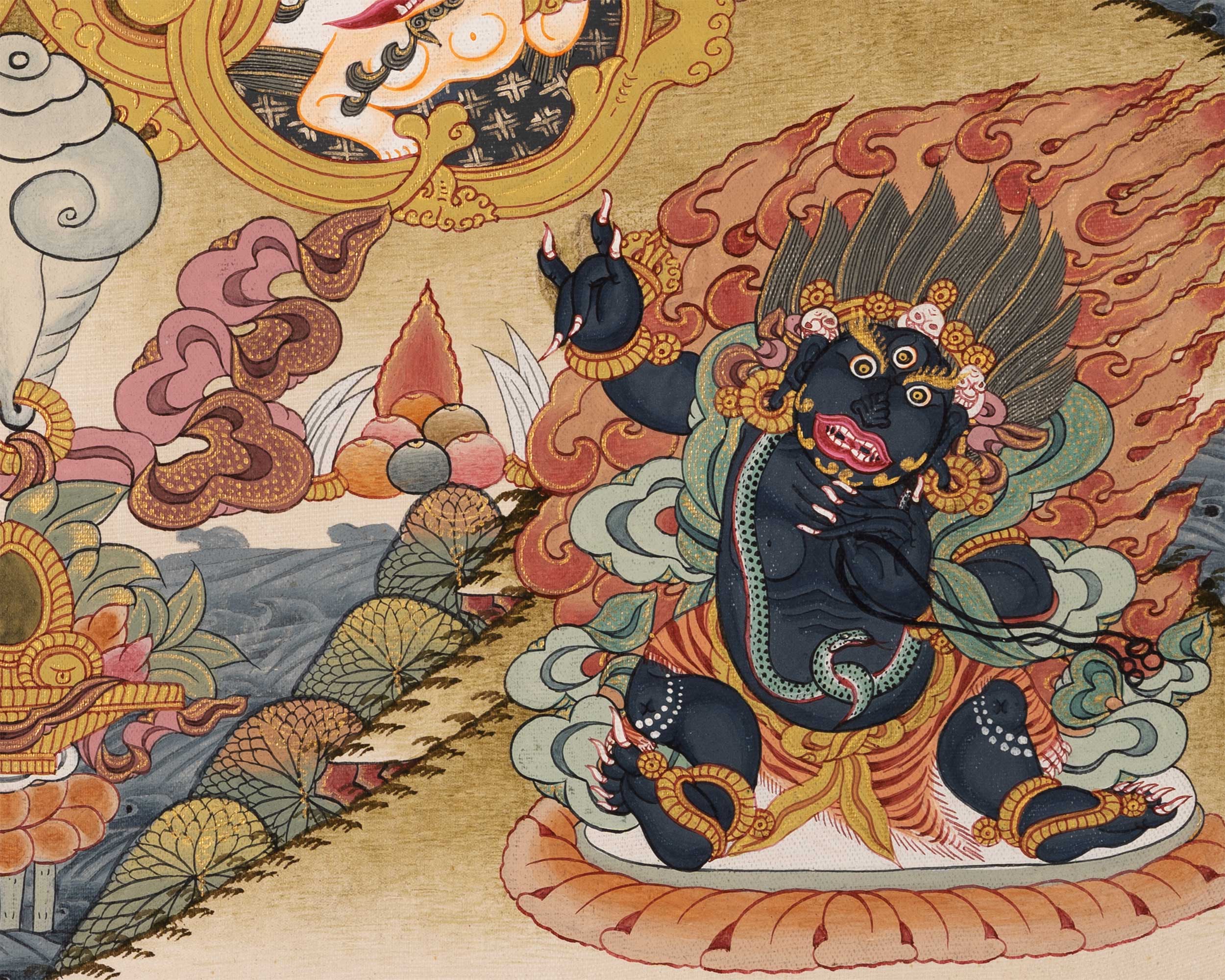 Thangka of Avalokiteshvara with Mantra | Featuring Manjushri and Vajrapani