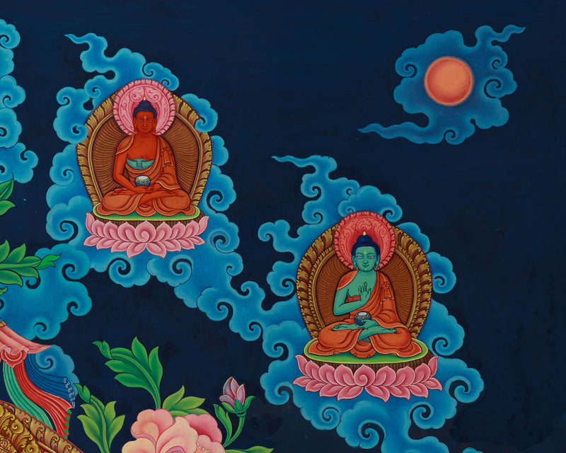 Exquisite Manjushri Painting | 5 Dhyani Buddhas and Bodhisattva | Tibetan Buddhist Wisdom Art