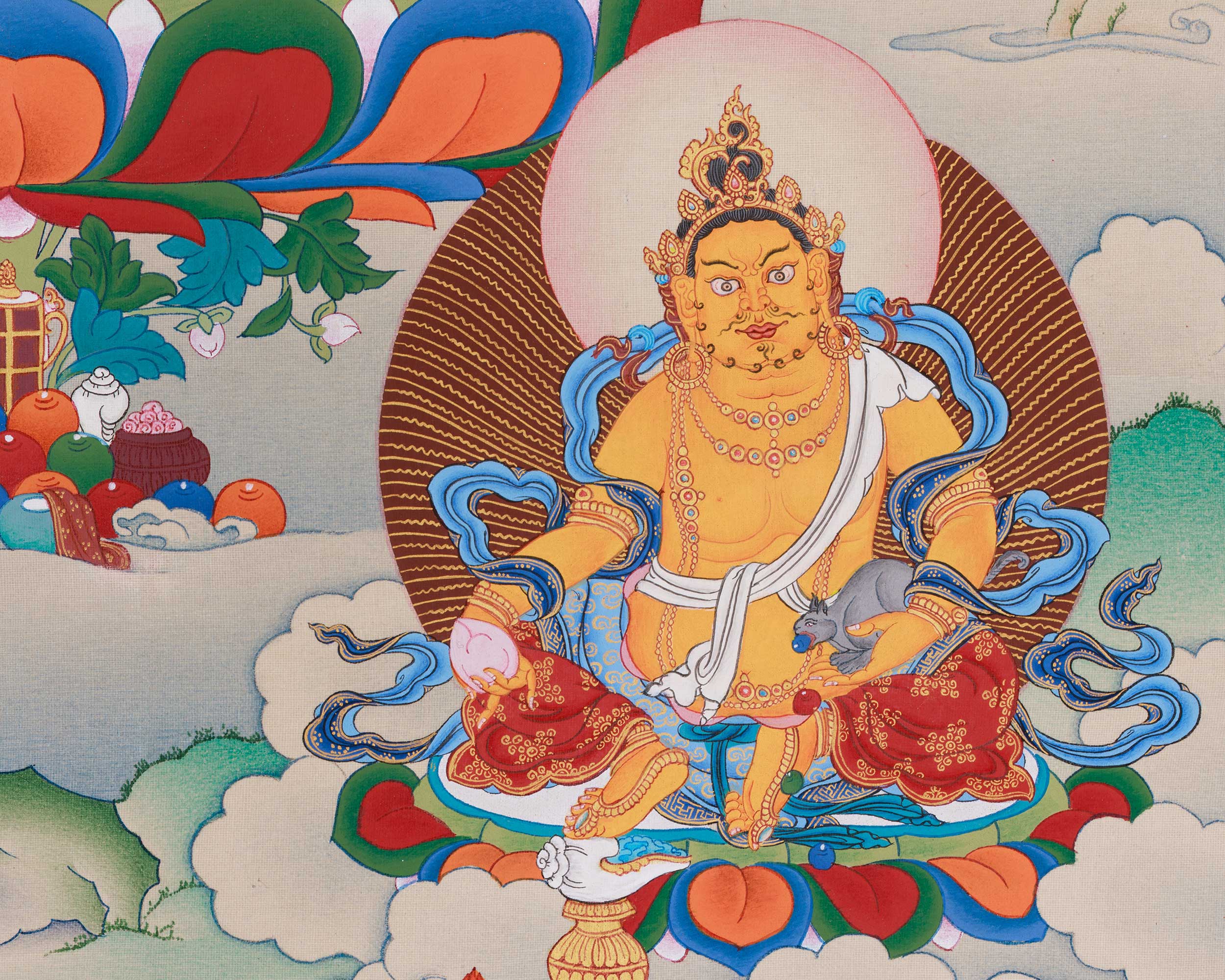 Sacred Manjushri, White Tara, and Dzambhala Thangka | Knowledge, Protection, and Prosperity