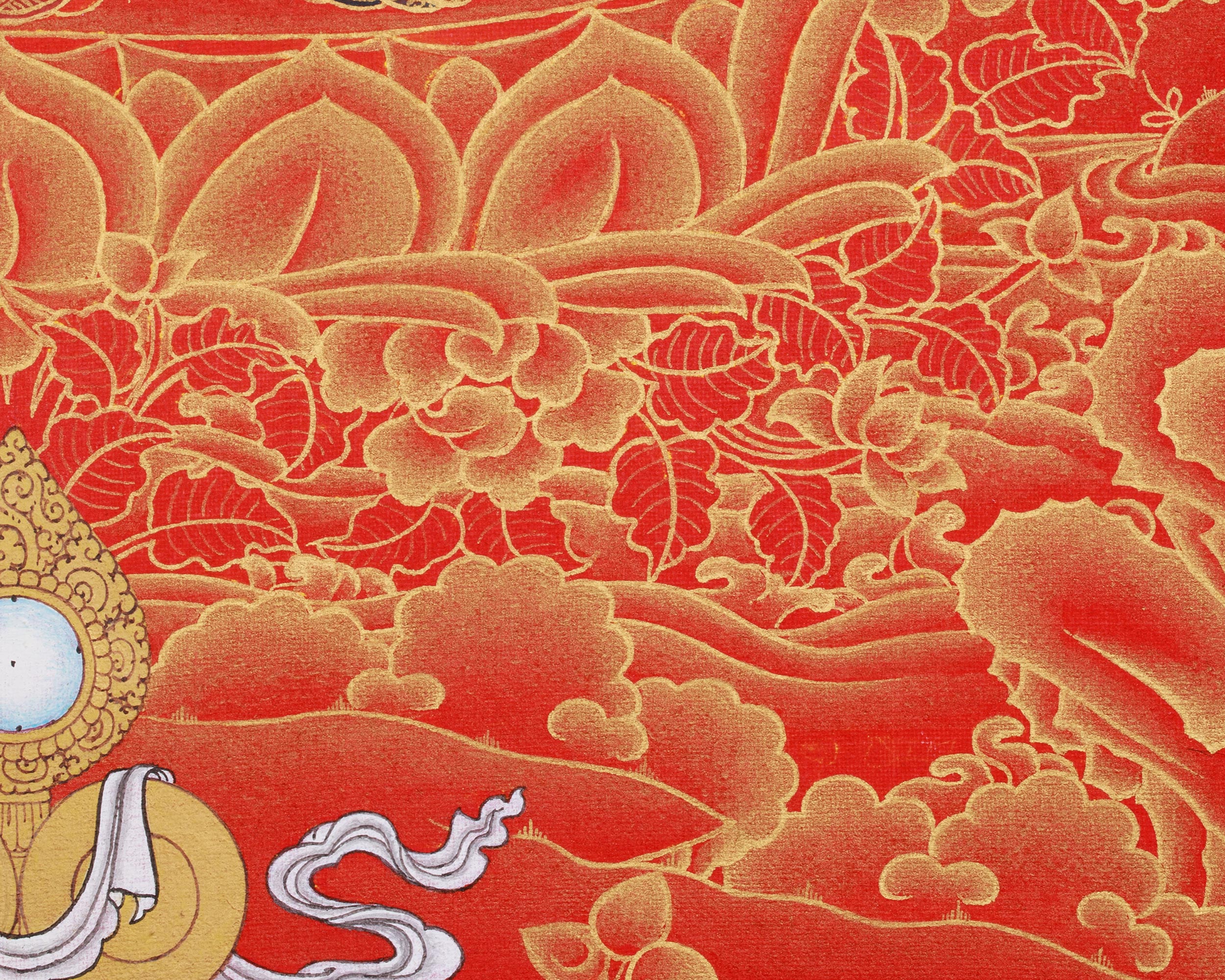 4 Arms Chenrezig Thangka | Nakthang Style with 24K Gold on Red Canvas