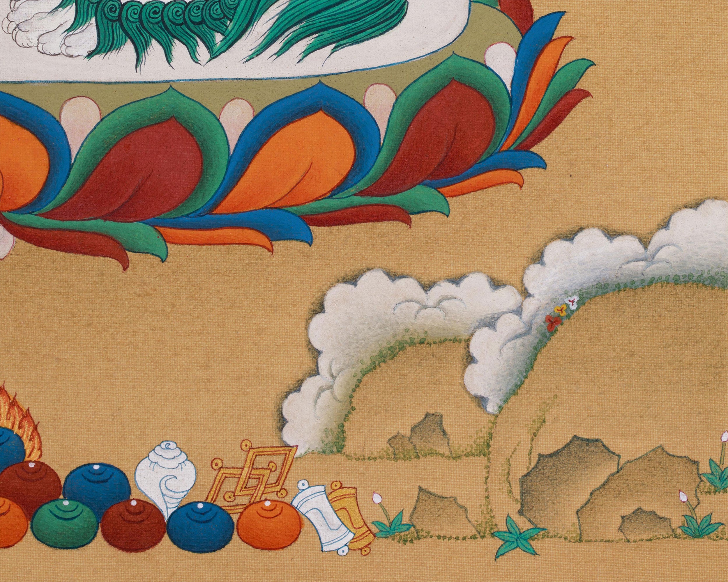 Powerful Namtoshe with Ratnasambhava Thangka | Protector Deity on Snow Lion