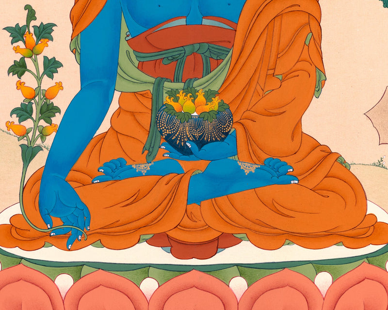 Buddhist Art: Lapis Lazuli Medicine Buddha Thangka Print for Meditation