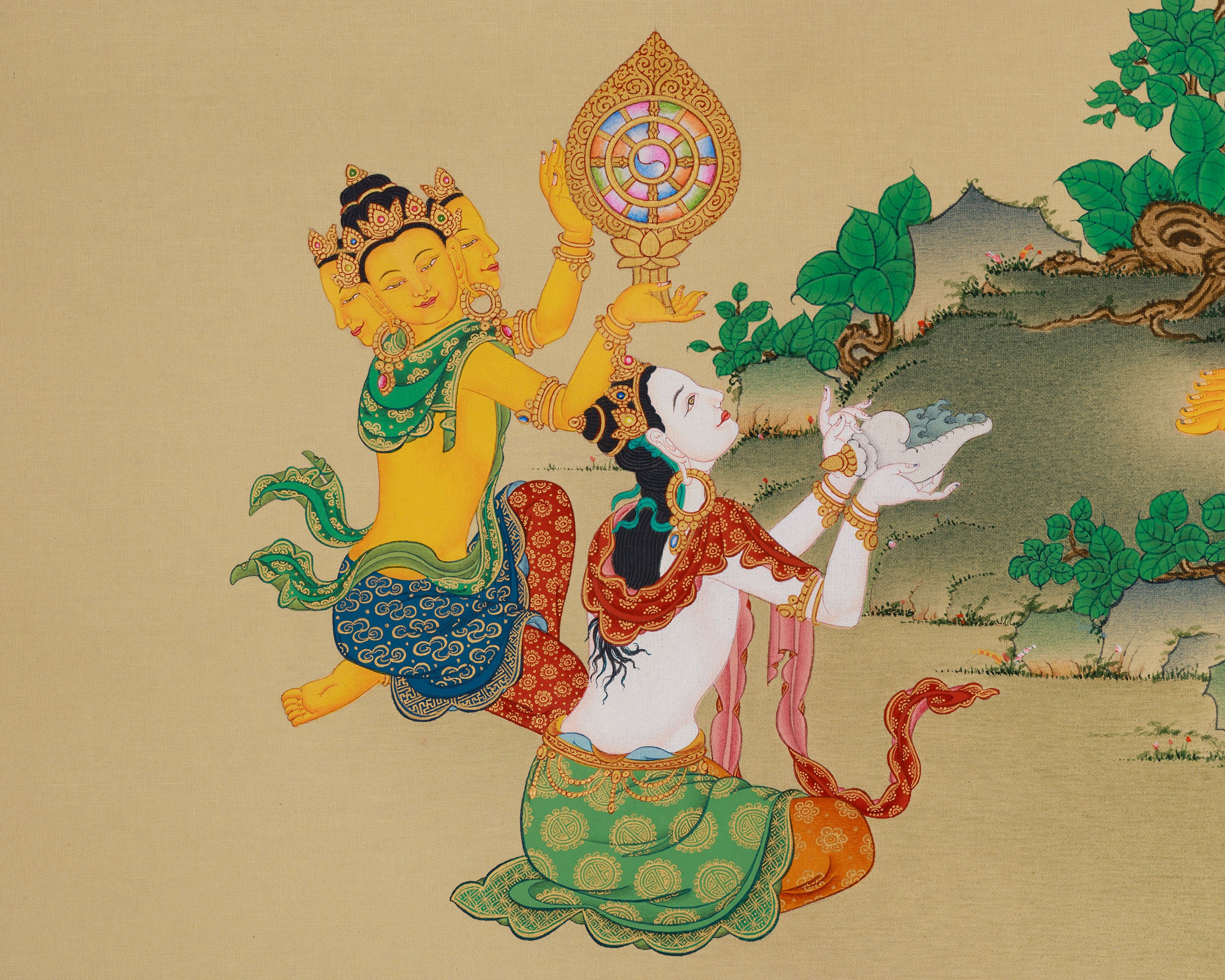 Divine Traditional Thangka of Shakyamuni Buddha | Brahma Sahampati and Indra Art