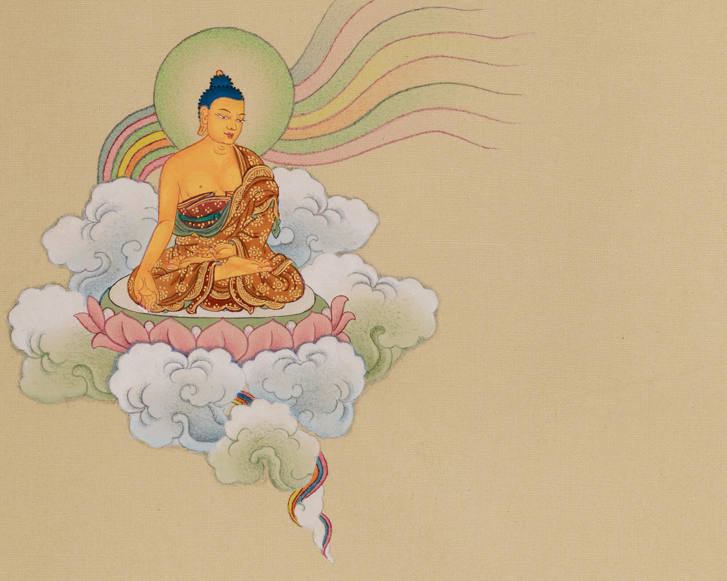 Yellow Dzambhala with Buddha Ratnasambhava Thangka | The Union of Wealth and Spiritual Enlightenment