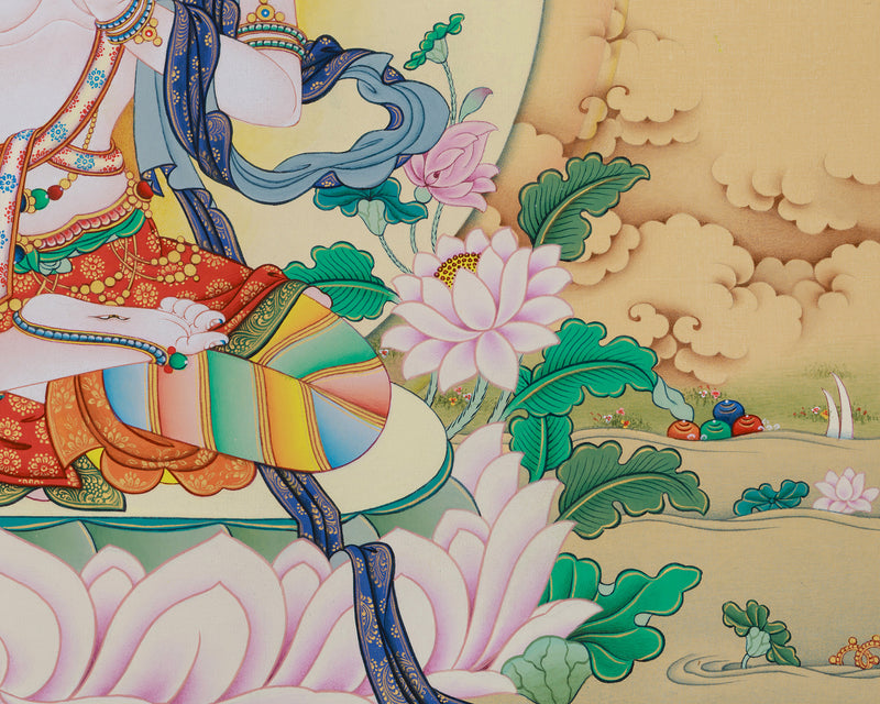 Buddhist White Tara Thangka Print on Canvas | Sacred Art of Compassion and Healing