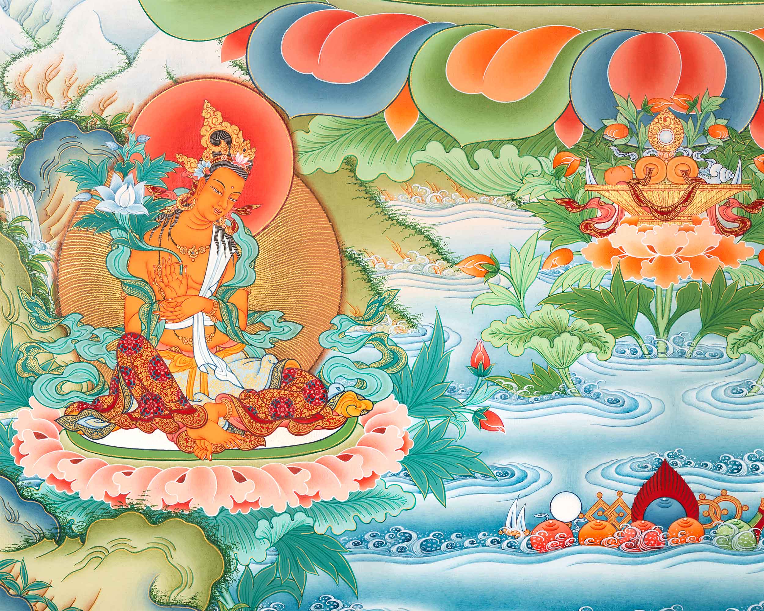 White Tara Devi Buddha On Paubha Print | White Tara The Deity Of Long Life, Health, Healing & Compassion