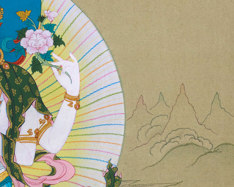 4 Armed Chenresig Thangka, Karma Gadri Art