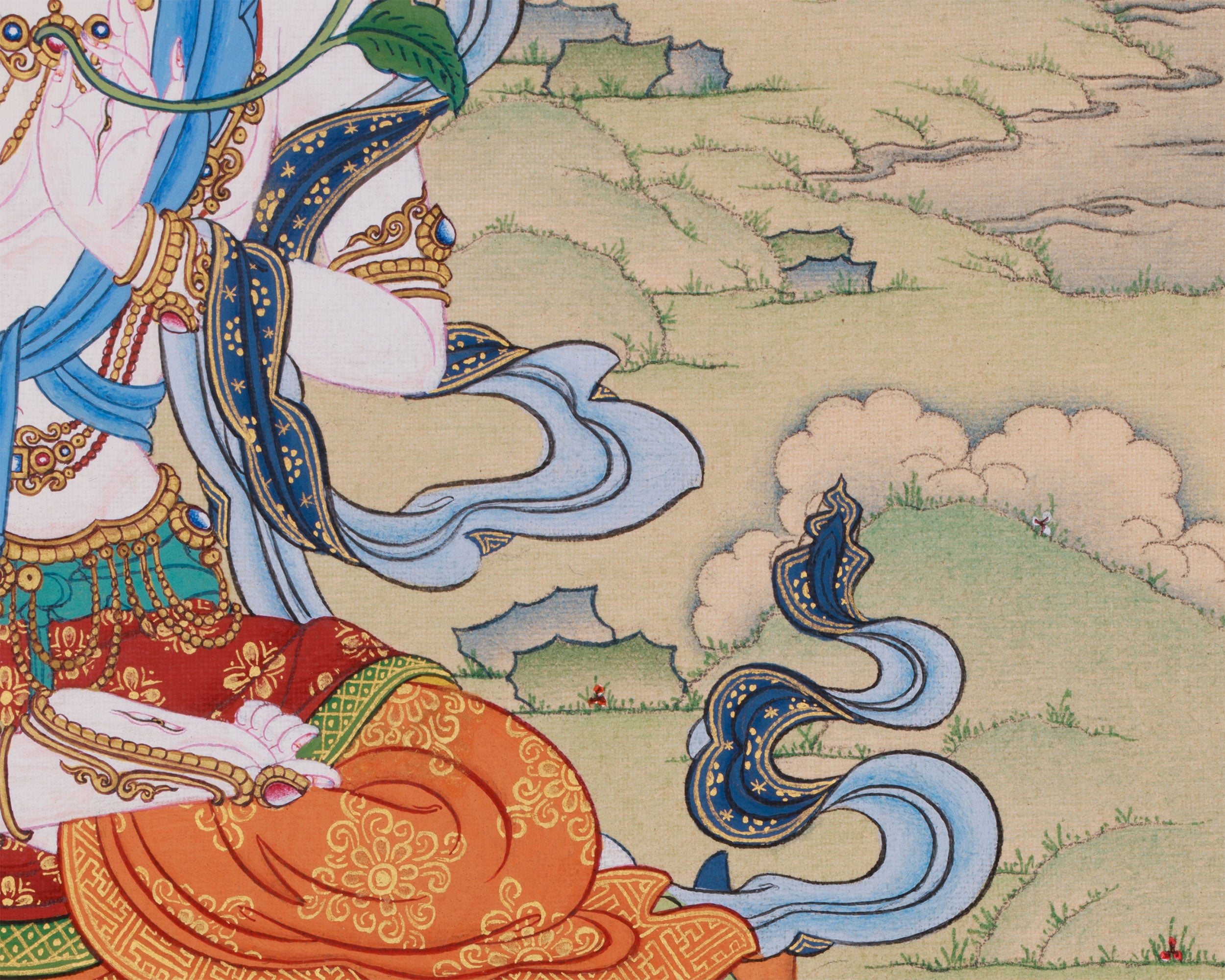 White Tara Buddhist Art | Seven-Eyed Goddess of Healing | 24K Gold & Natural Stone Colors