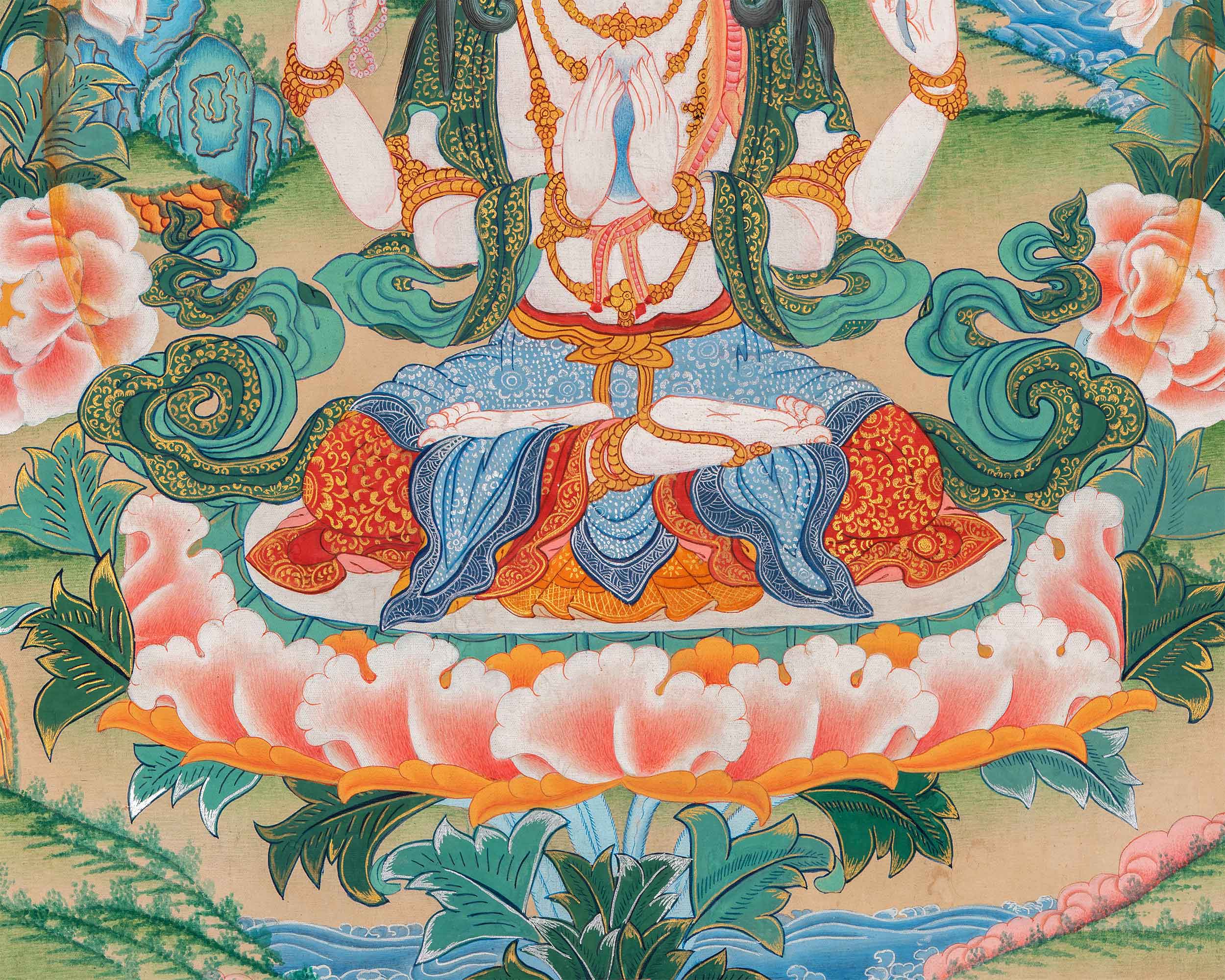 High-Quality Giclee Print For Chenrezig Prayer | Bodhisattva Of Compassion With Tara, Manjushri, Vajrapani & Buddhas