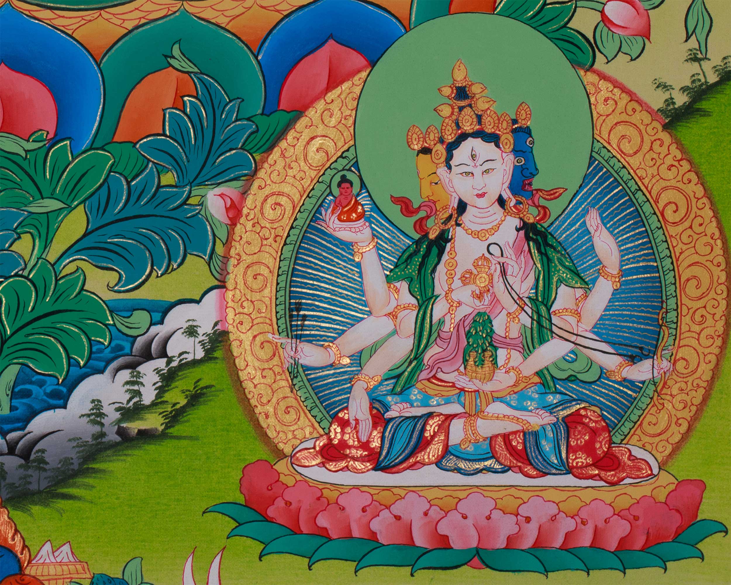 Goddess White Tara with Amitayus Buddha and Namgyalma | Bodhisattva of Longevity