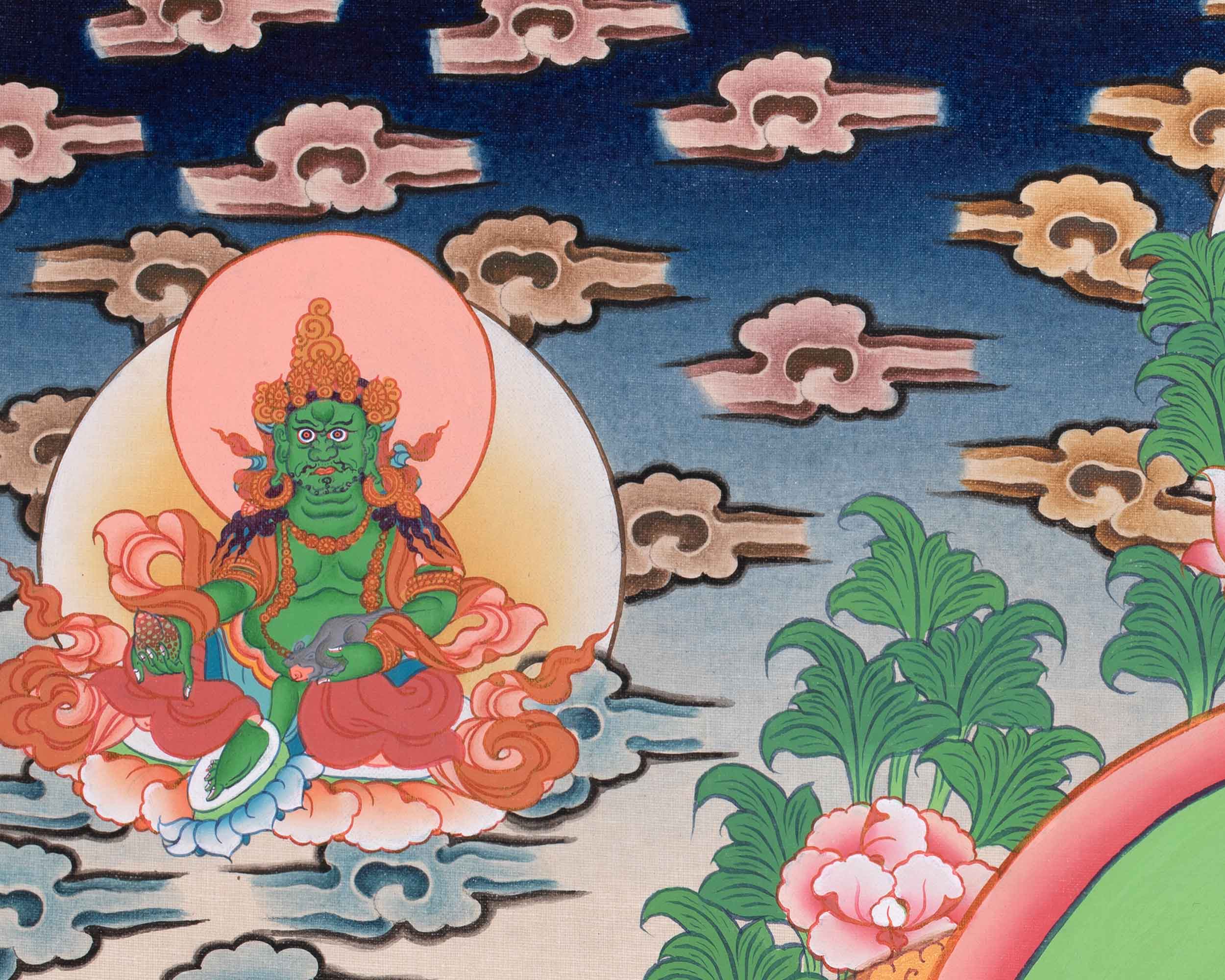 Five Dzambhalas Thangka | Featuring Amitabha Buddha | Hand-Painted on Cotton Canvas