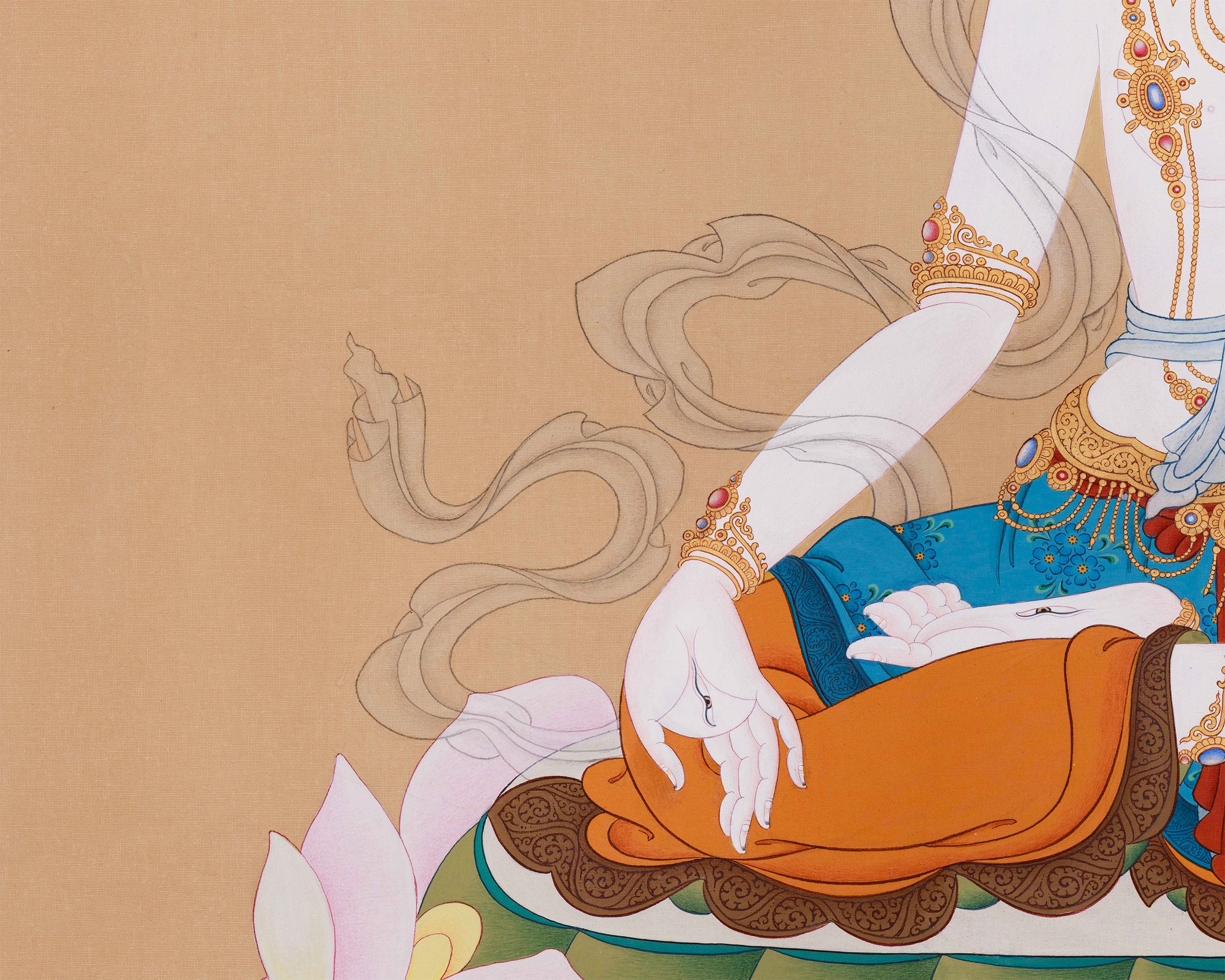 Original Tibetan Buddhist Goddess White Tara Painting | Graceful Deity with Lotus Blossom