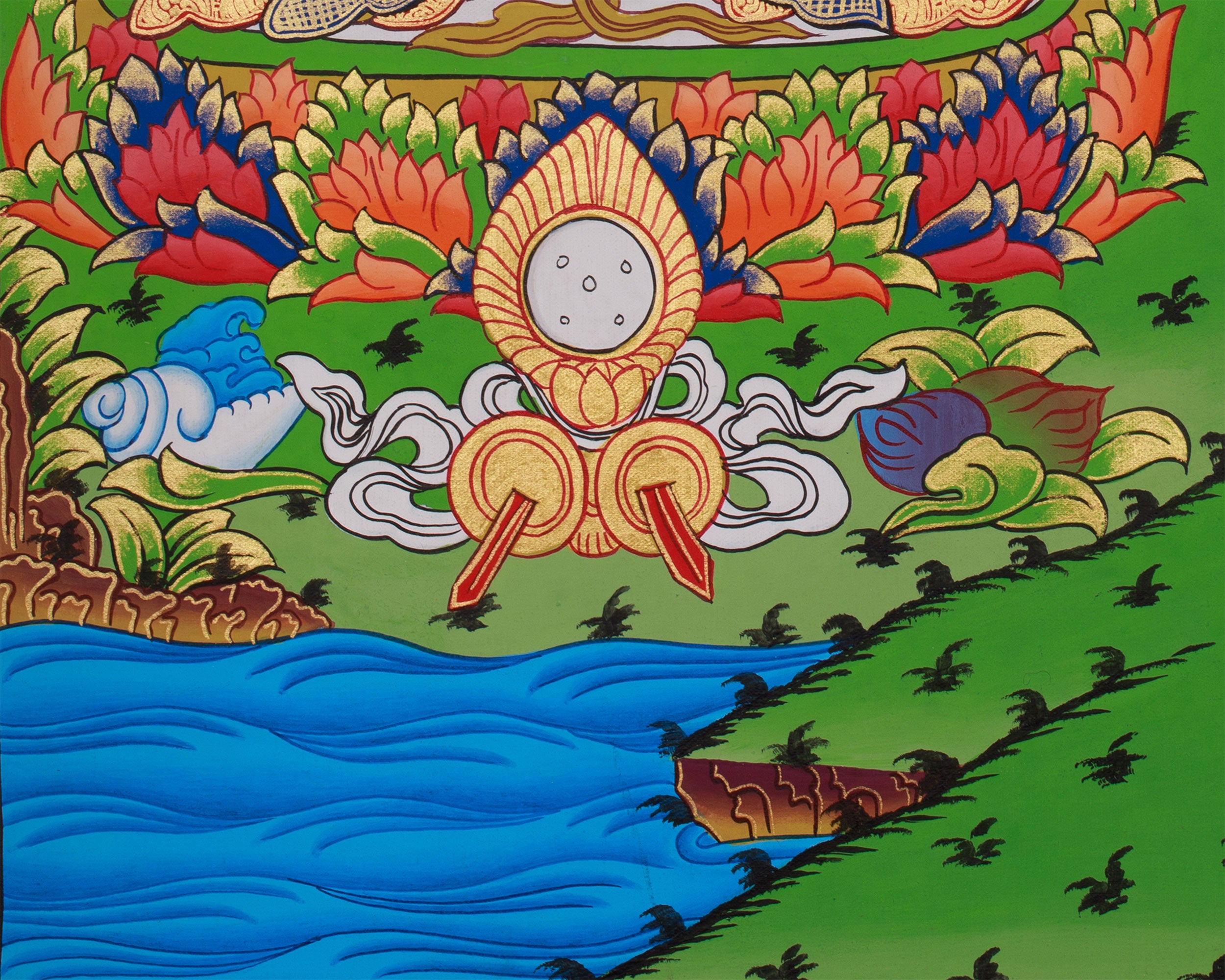 Traditional Buddha Shakyamuni Art | Enlightened One with Guru Rinpoche and Chenrezig
