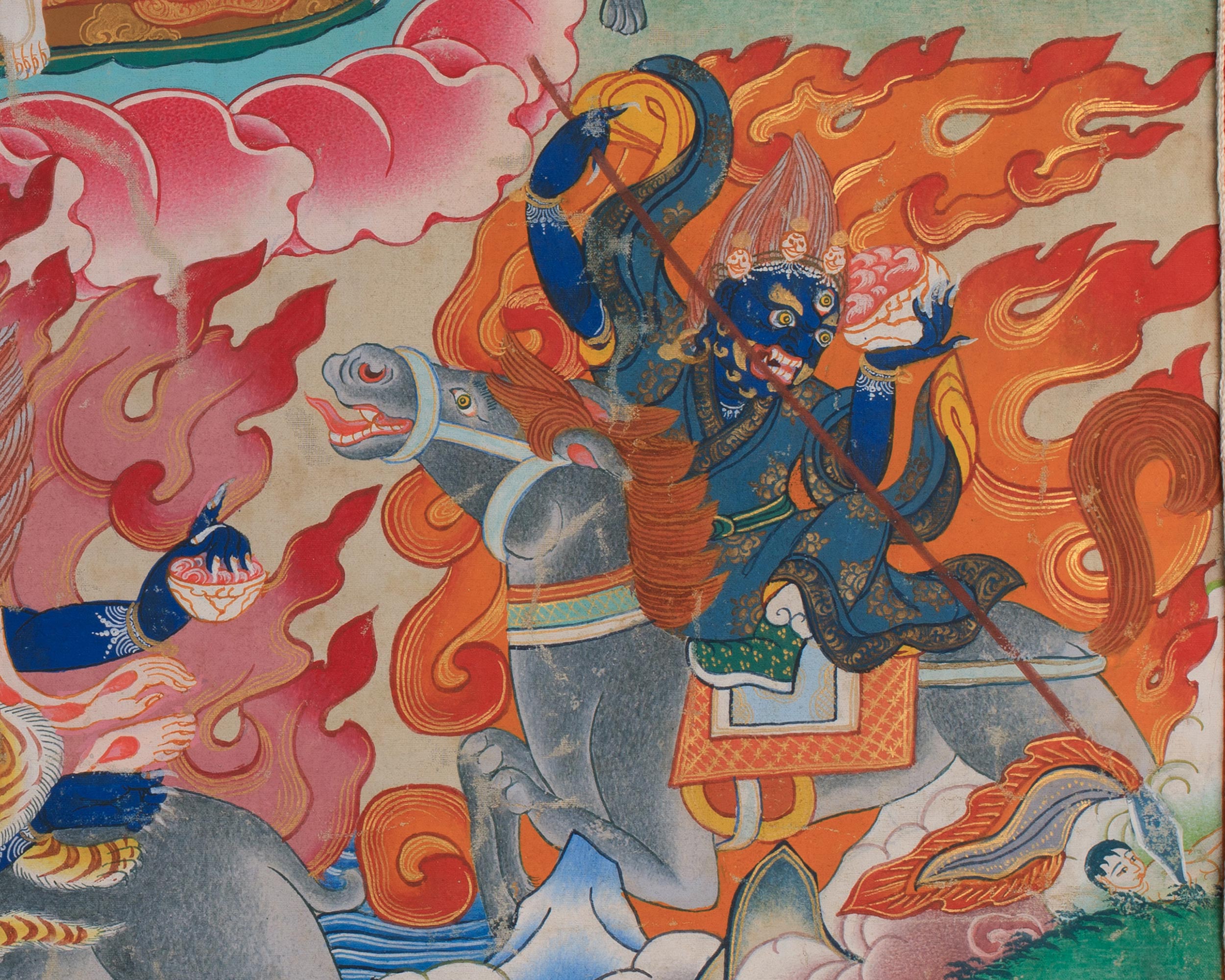Six-Arms Mahakala Thangka With Brocade | Tibetan Protector Deity for Powerful Protection