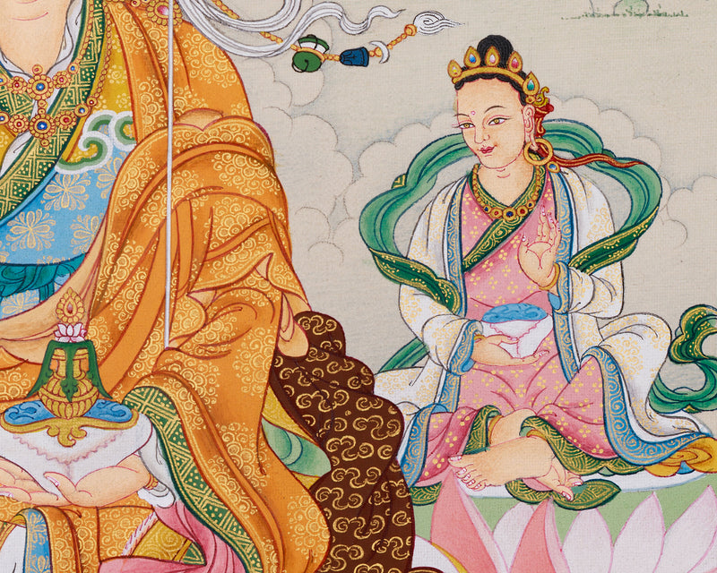 Guru Rinpoche with Consorts: Mandarva & Yeshe Tsogyal Thangka