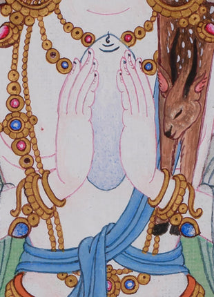 Hand-Painted Mini Chenrezig Thangka | Tibetan Buddha Art of Compassion and Protection