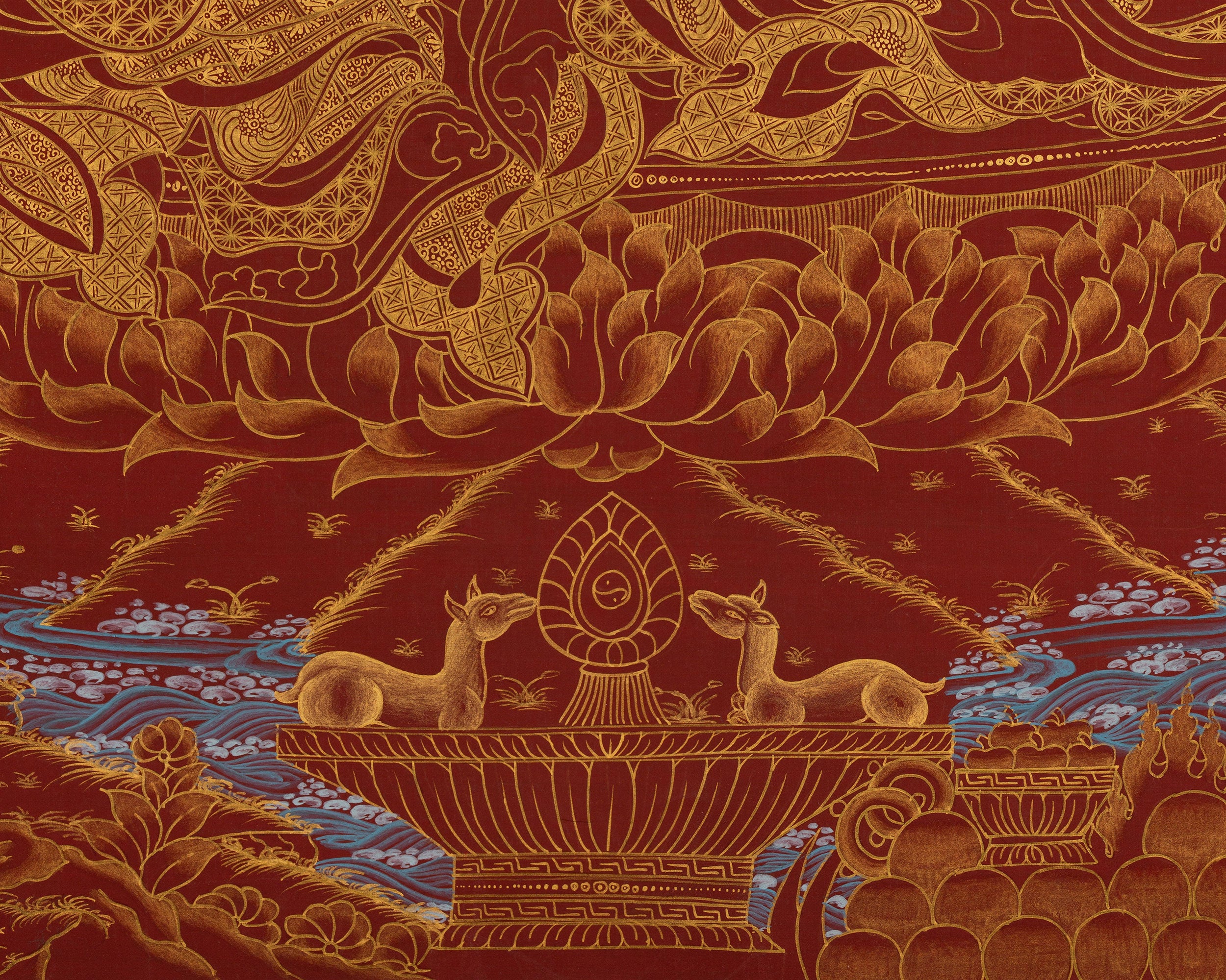 Lotus Born Guru Rinpoche Thangka | Buddhist Master in Red and Gold