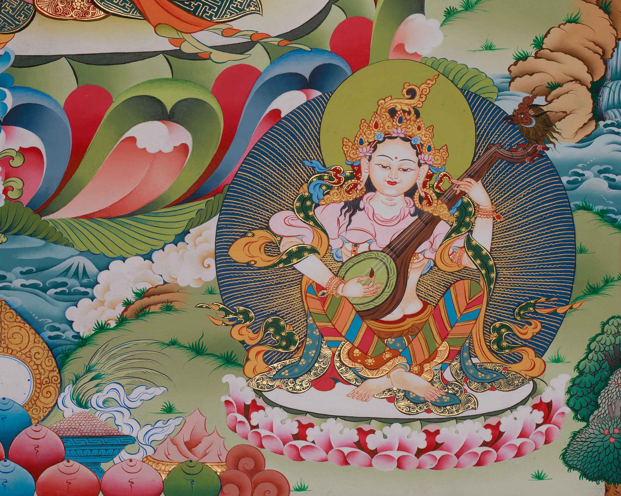 Green Tara Divine Thangka | Five Dhyani Buddhas, Saraswati, and Dukar